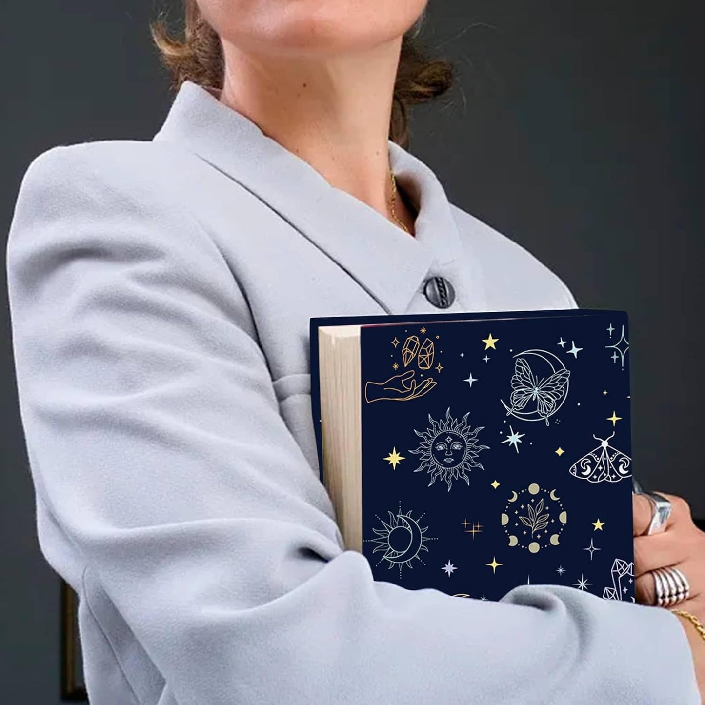 CRASPIRE Tarot Stretchable Book Cover Divination Elements Moon Crystal Moth Washable Reusable Large Nylon Book Protector Elastic Notebook Wraps Suitable for Most Hardcover Books