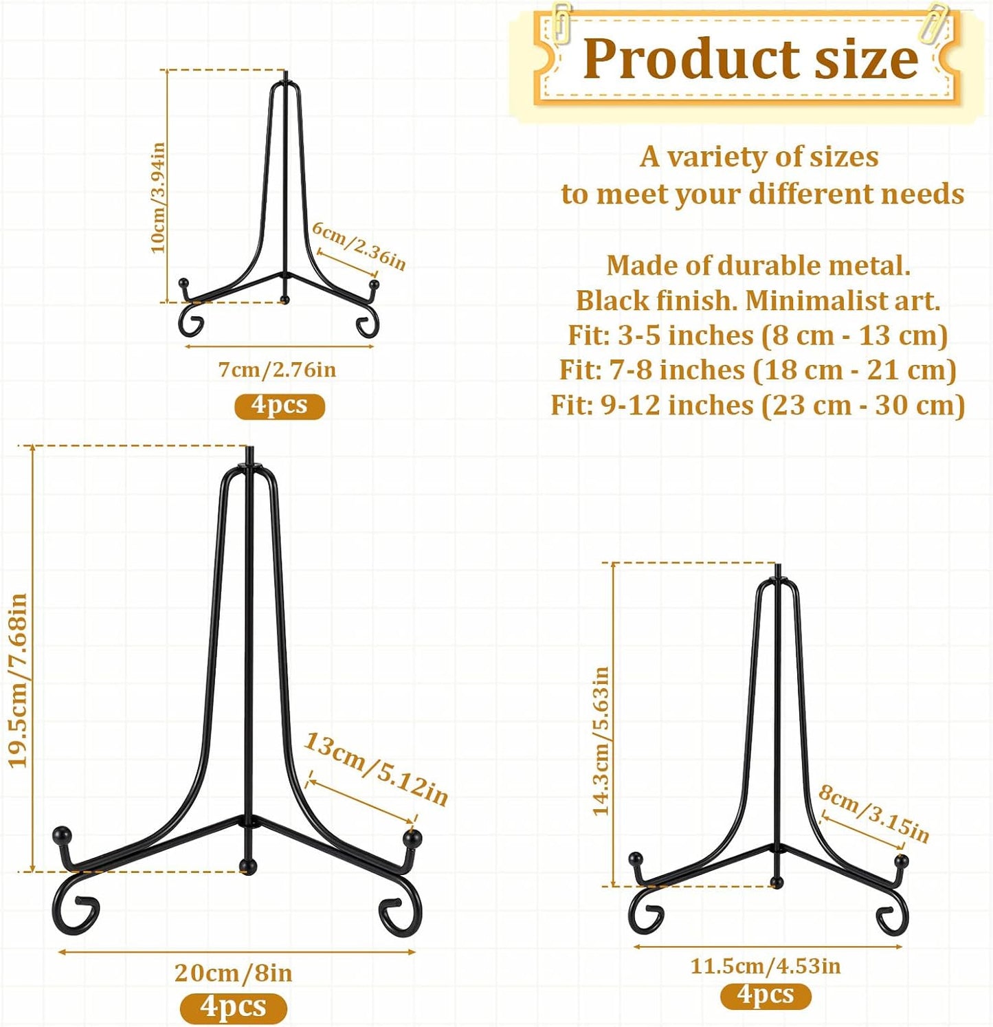 12 PCS 3 Size Black Iron Plate Stands for Display, 4, 6, 8 Inch Iron Display Stand, Plate Picture Photo Stands, Foldable Decorative Metal Plates Holders