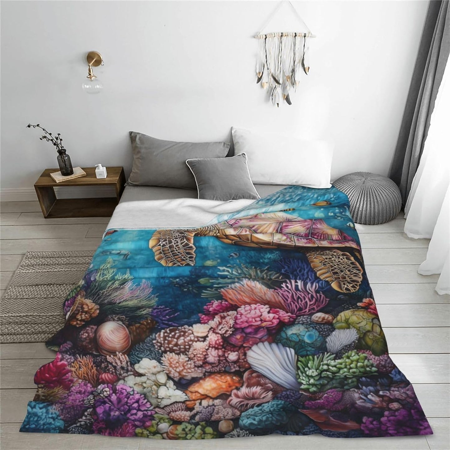 Sea Turtle Blanket for Women Kids Adults, Flannel Coral Ocean Animal Sea Turtle Throw Blankets Decor for Bed Living Room Sofa Couch Traveling, Soft Warm Lightweight Plush Turtle Gifts Stuff 50x60in