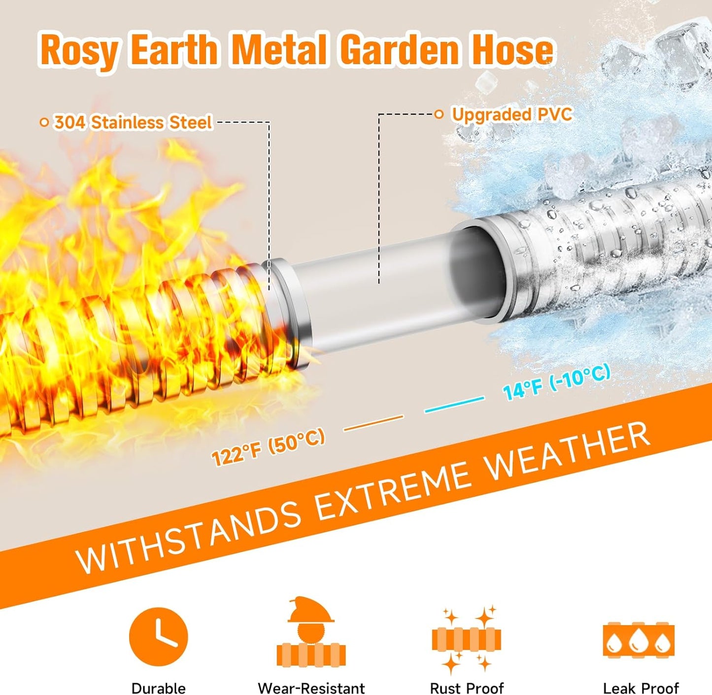 100 FT Garden Hose Expandable - 304 Stainless Steel Water Hose 100 FT - Heavy Duty Flexible Kink Free Hose, no Bite