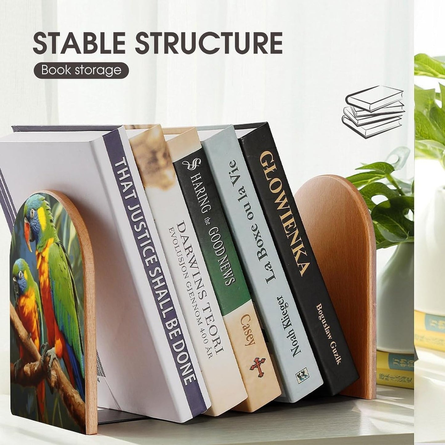 Bird Parrot Painting Bookend for Shelves Wooden Book End Large Size Sturdy Book Holders Stoppers with Metal Base for Bookshelves Slick Decorative Bookends Stands