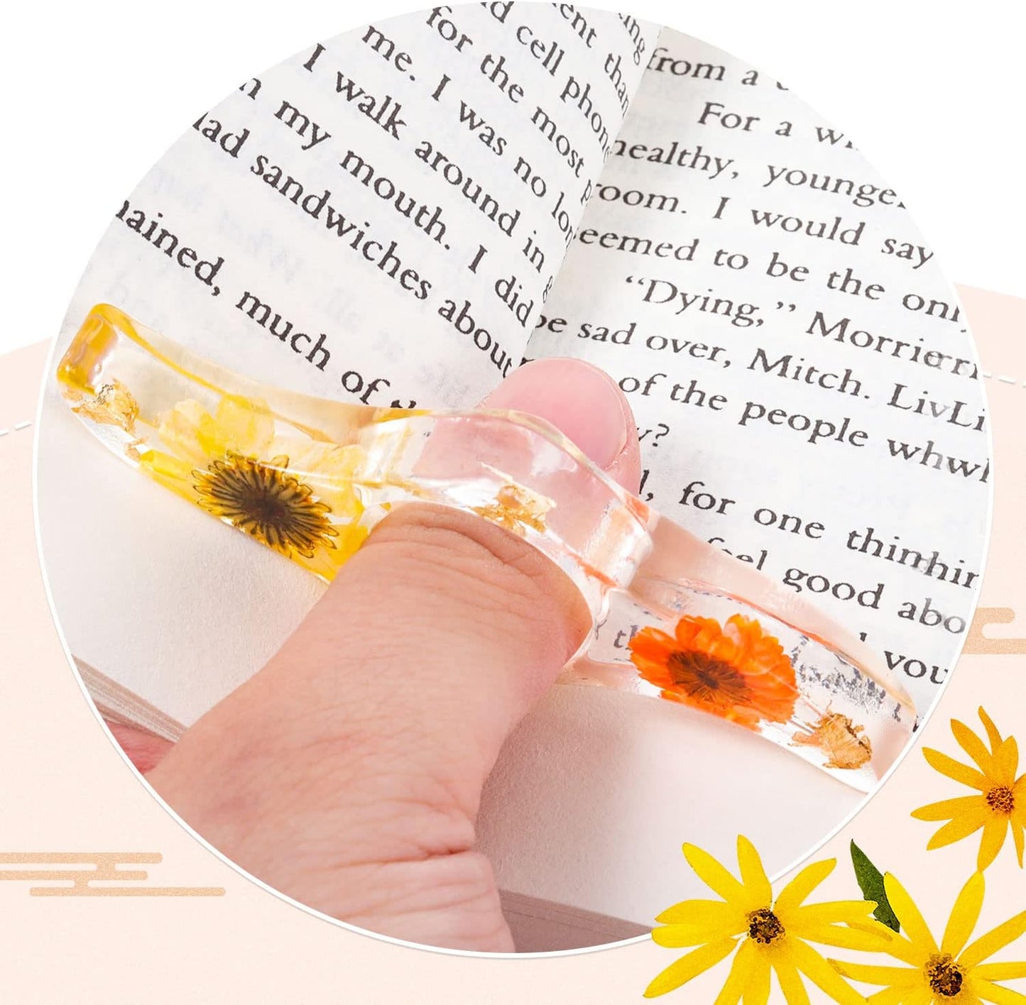 Book Lover Gifts, 2 Pcs Thumb Book Page Holder Dried Flower Resin Book Page Holder and 1 Pcs Bookmark with Tassel, Gifts for Book Lovers, Women, Kids
