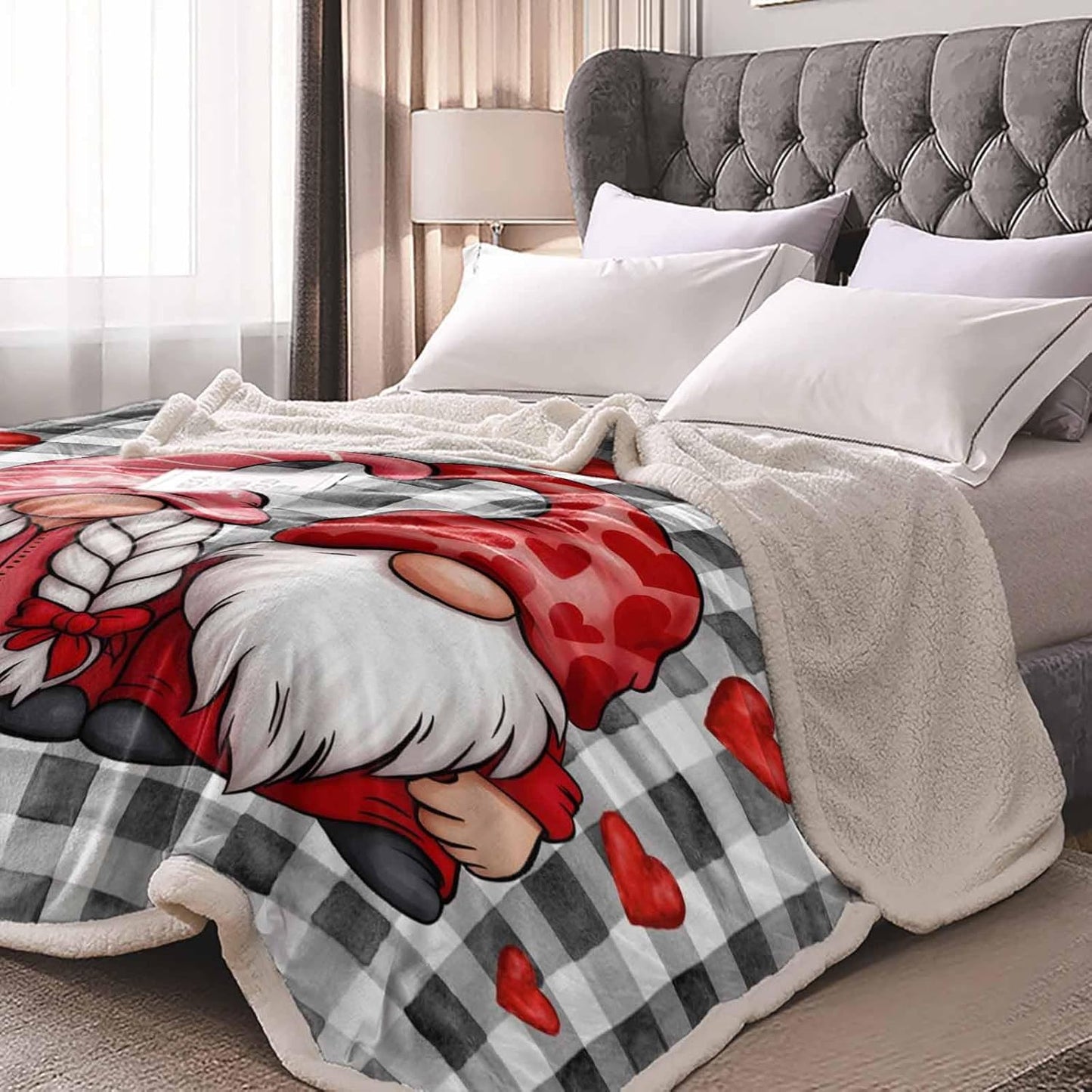 Valentines Throw Blanket Gnome Lover Sherpa Fleece Throws Blanket for Couch Sofa Bed Red Heart Black Check Plaid Blankets Fuzzy Cozy Soft Plush Thick Warm Blankets for Valentines Day Decor, 40x50 Inch