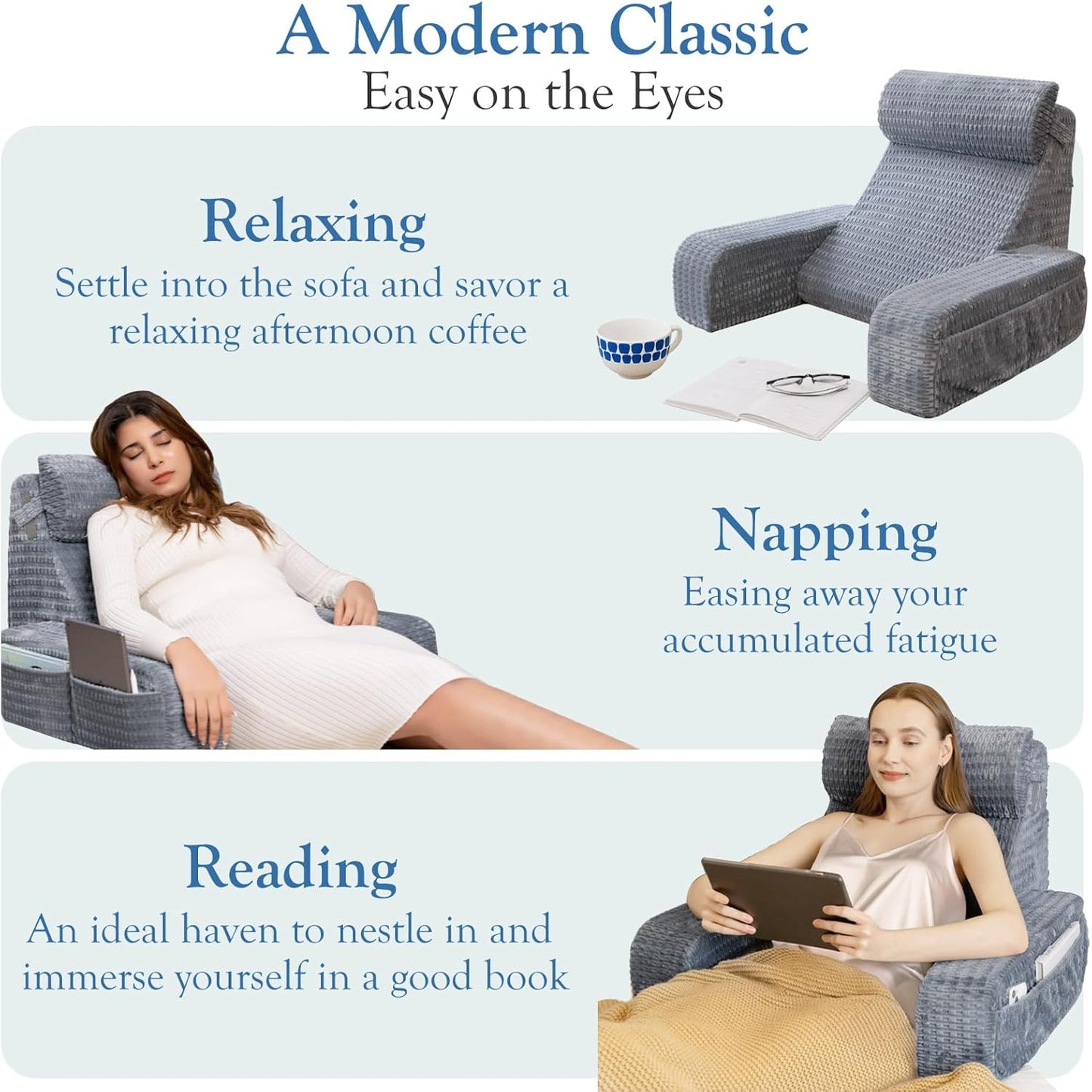 Reading Pillow for Bed, 19" Back Pillow for Bed Sitting up, Big Pockets & Built-in Arms, Backrest Cushion, Wedge Support for Reclining/Reading/Resting/Watching TV, Washable Cover, Slate Blue