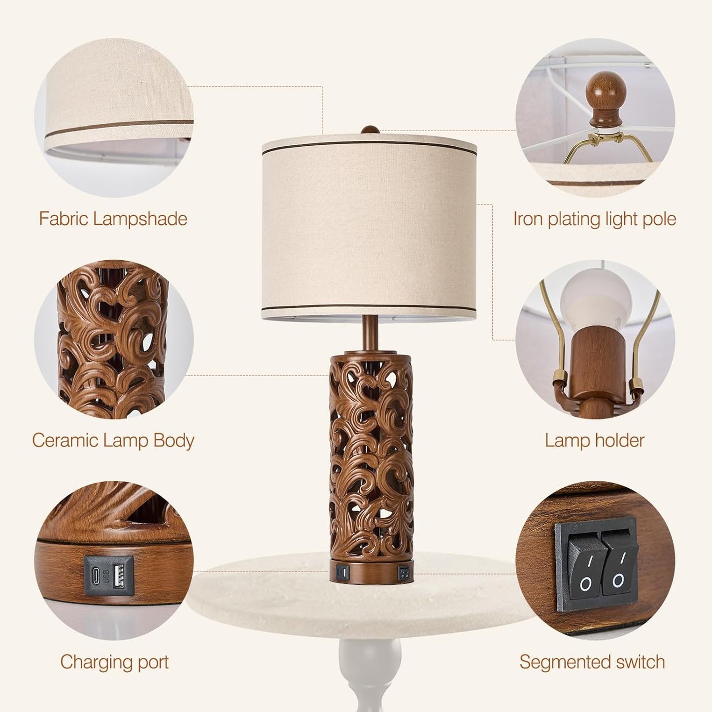 AIDENOEY 27.5" H 3-Way Dimmable Touch Control Table Lamp with USB A+C Ports, Vintage Walnut Finish Resin Bedside Farmhouse Table Lamp Set of 2，for Living Room，Bedroom，Office