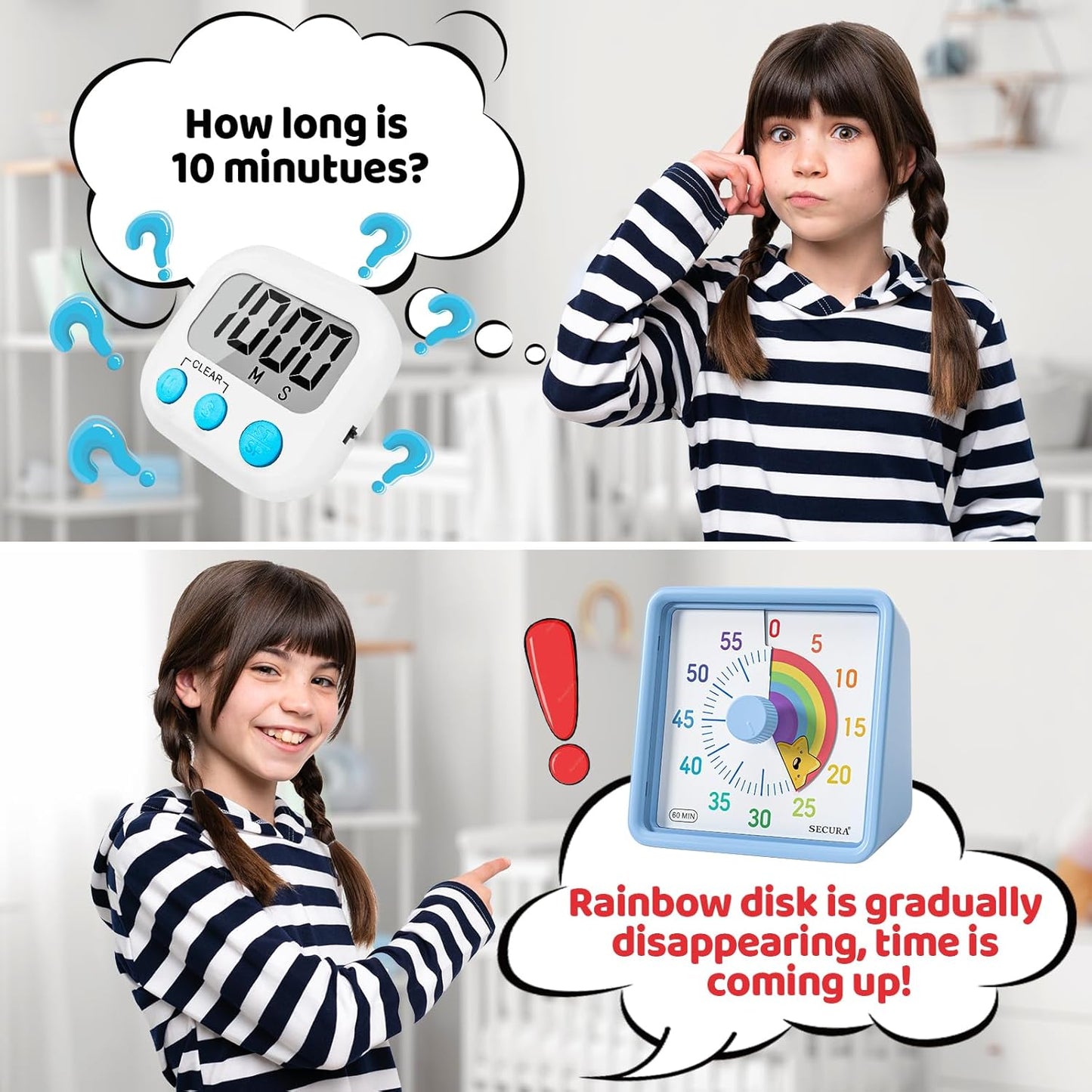 Secura 60-Minute Visual Timer for Kids, Time Clocks, Countdown Timer for Office Kitchen, Classroom Timer for Kids, Silent Time Management Tool (Blue & Star)