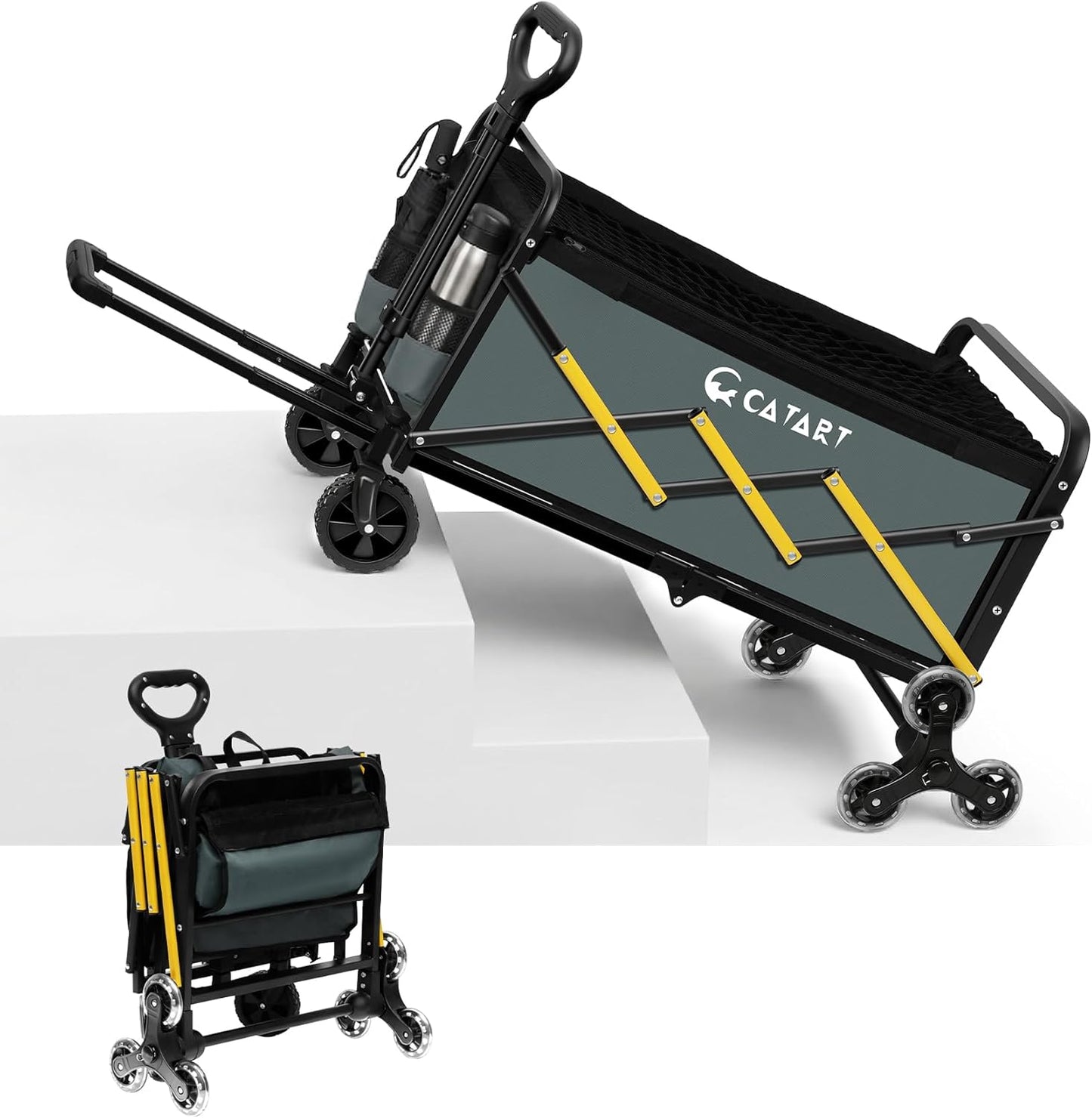 Folding Utility Cart with Triangular Wheels, 2 in 1 Collapsible Wagon for Stairs, Multi-Scene Stair Climbing Wagon, Lightweight Hand Truck with Telescoping Handle for Grocery, Laundry, Moving, Office