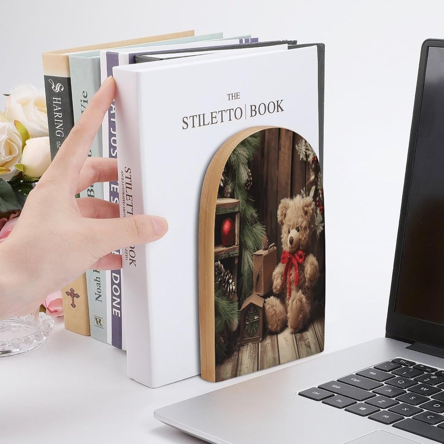 Xmas Tree Branch Bear Doll Bookend for Shelves Wooden Book End Large Size Sturdy Book Holders Stoppers with Metal Base for Bookshelves Slick Decorative Bookends Stands