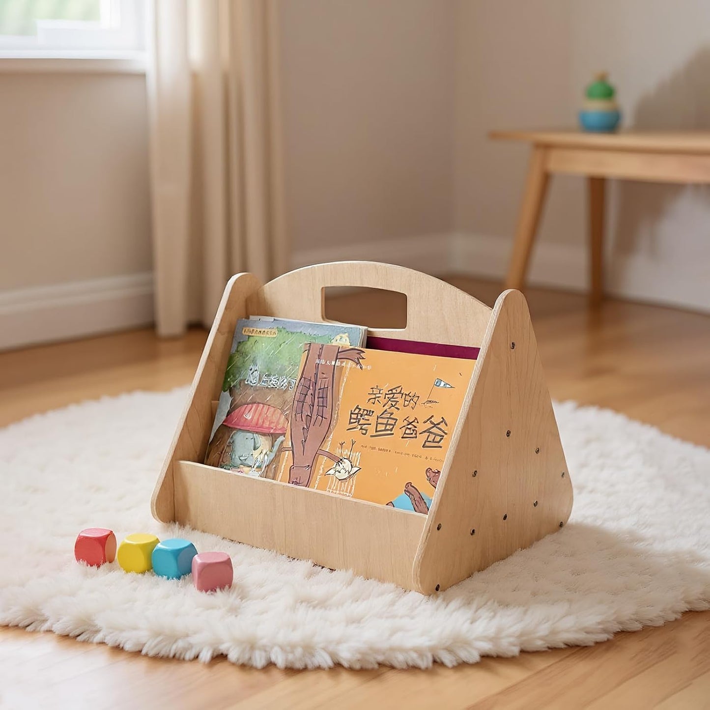 HANVOWS Wooden Bookshelf with Handle for Kids Rooms Double-Sided with 4 Tier Deep Easy Install Montessori Book Shelf for Baby's Bedroom or Playroom Decor