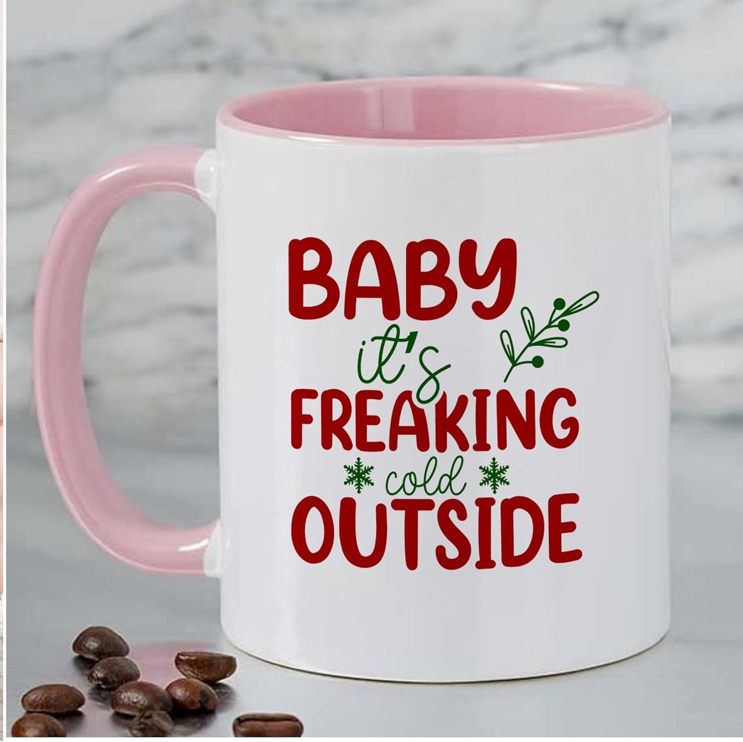 Baby It's Freaking Cold Outside Funny Christmas Two-Tone Accent Ceramic Mugs, Xmas Holiday Coffee Cups, 11oz 15oz, Seasonal Gift Idea