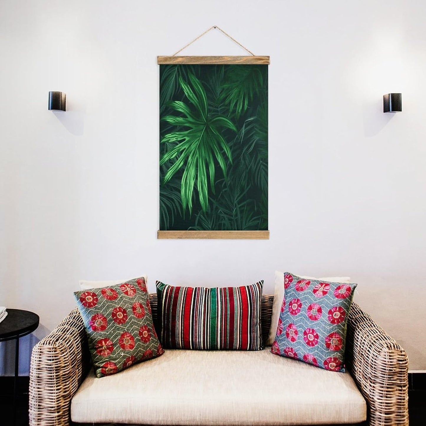 Vintage Green Tropical Jungle Plant Poster with Wooden Frame Personalized Linen Hanging Scroll Painting Rustic Wall Hanging Illustrative Modern Artwork Decor for Home Living Room Bedroom Office