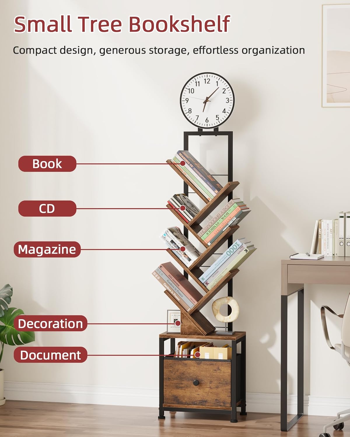 6 Tier Tree Bookshelf with Clock and Fabric Drawer, Small Narrow Bookcase, Tall Floor Standing Book Shelf for Bedroom, Living Room, Home Office, Rustic Brown