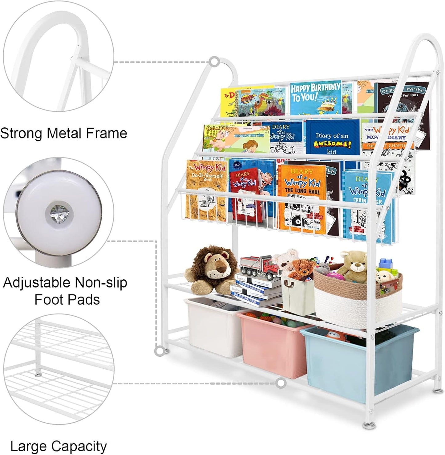 aboxoo Metal Kids Bookshelf Freestanding Bookcase for Children Room 32 in Large Toy Organizer Modern MinimalistWhite Stable Metel Bookstore Bedroom, Living, Library Book Unit Storage