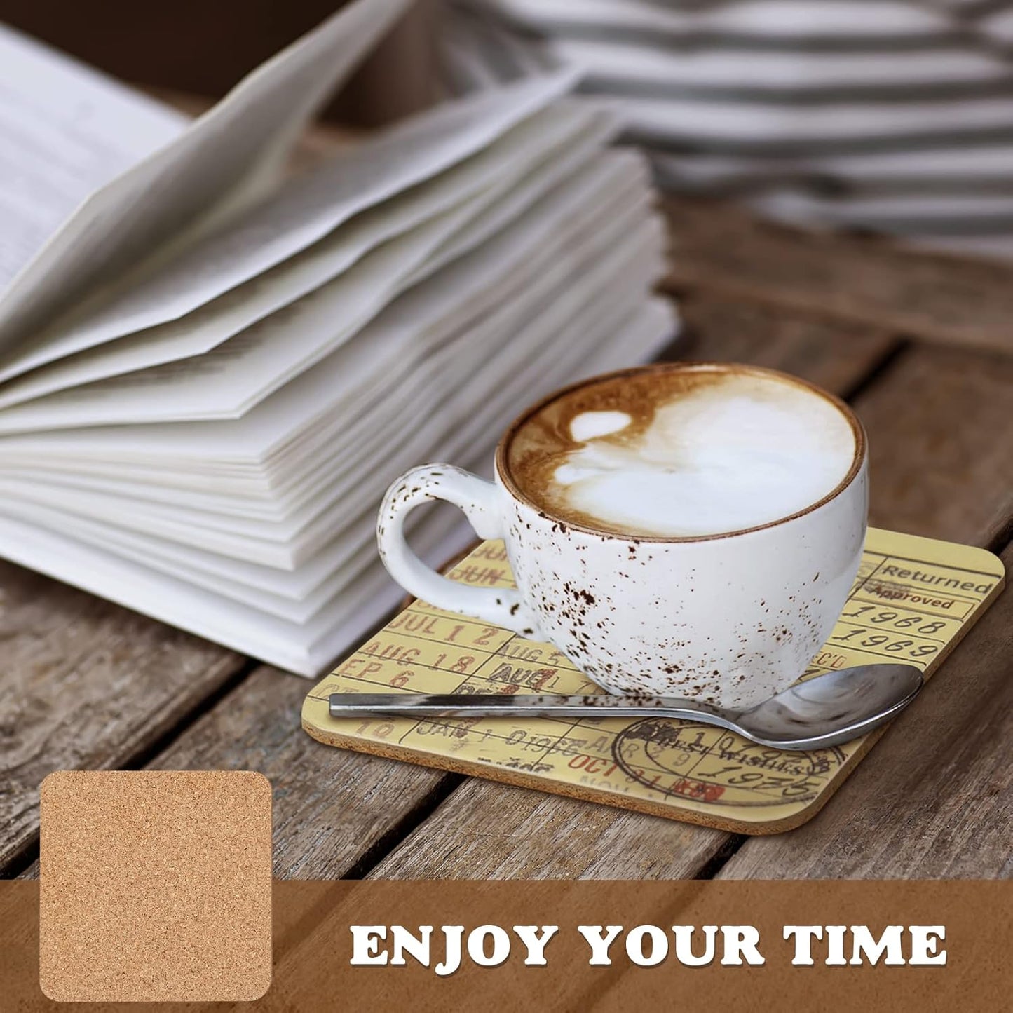 Vintage Library Due Date Card Coaster Set, 4pcs Library Card Coasters with Gift Card, Creative Drink Coffee Mug Coaster Literary Decor Library Gifts for Book Lovers Librarians Writers