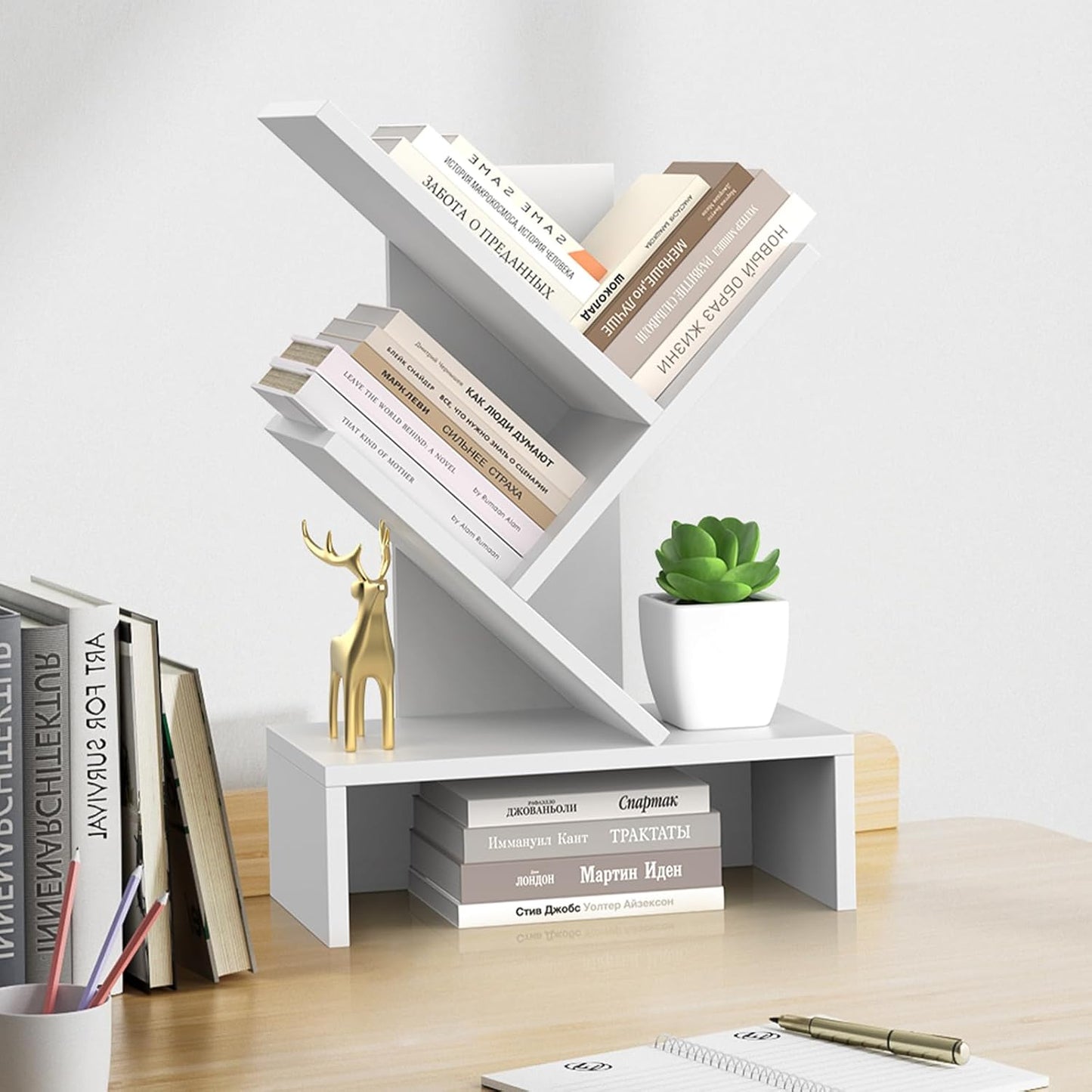 Godferyxin Desktop Bookshelf with Drawer – Compact Book Holder for Small Spaces, White Mini Bookcase for Office, CDs, and Decorative Items, Fits Bedroom Desk