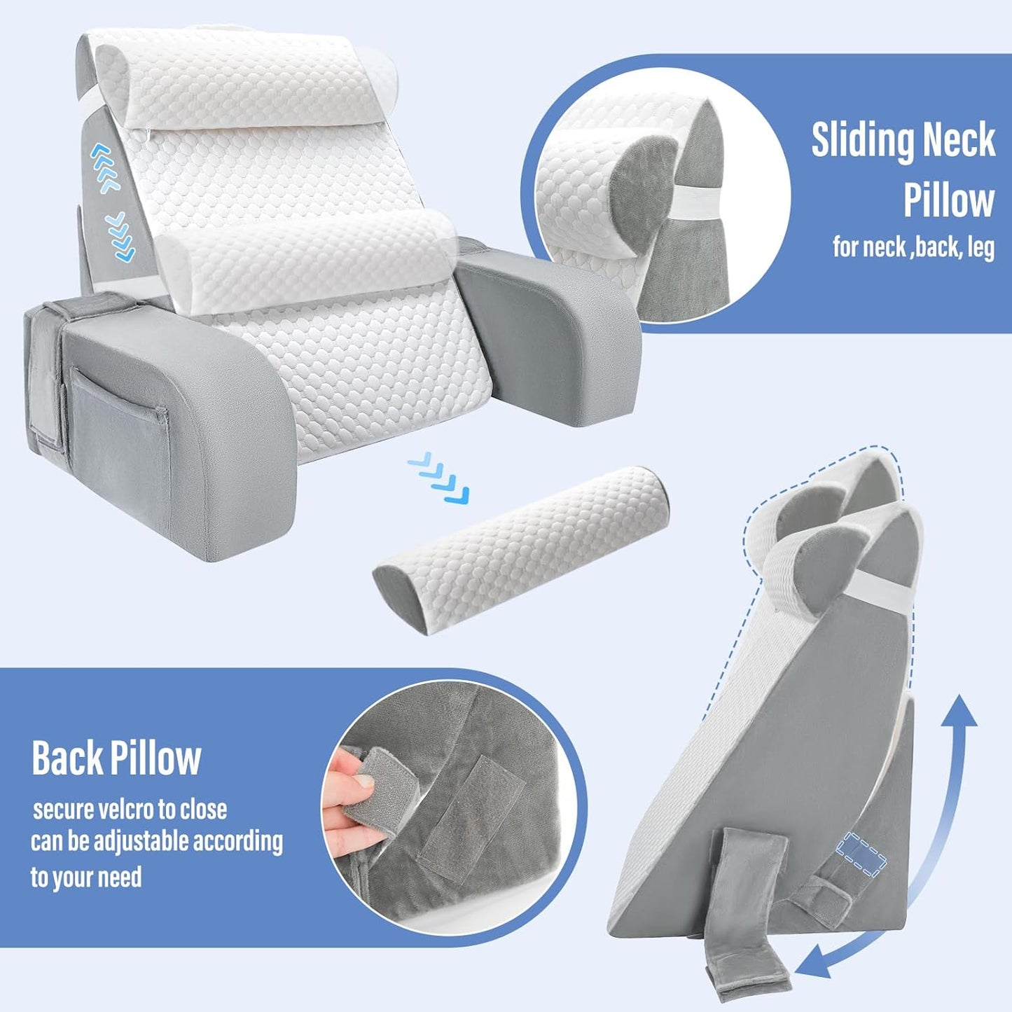 LEBENGURU Reading Pillow for Sitting in Bed Adult, Back Support Pillow with Detachable Headrest & Armrests for Watching TV in Floor,Bed Chair Backrest Pillow for Working/Relaxing/Gaming