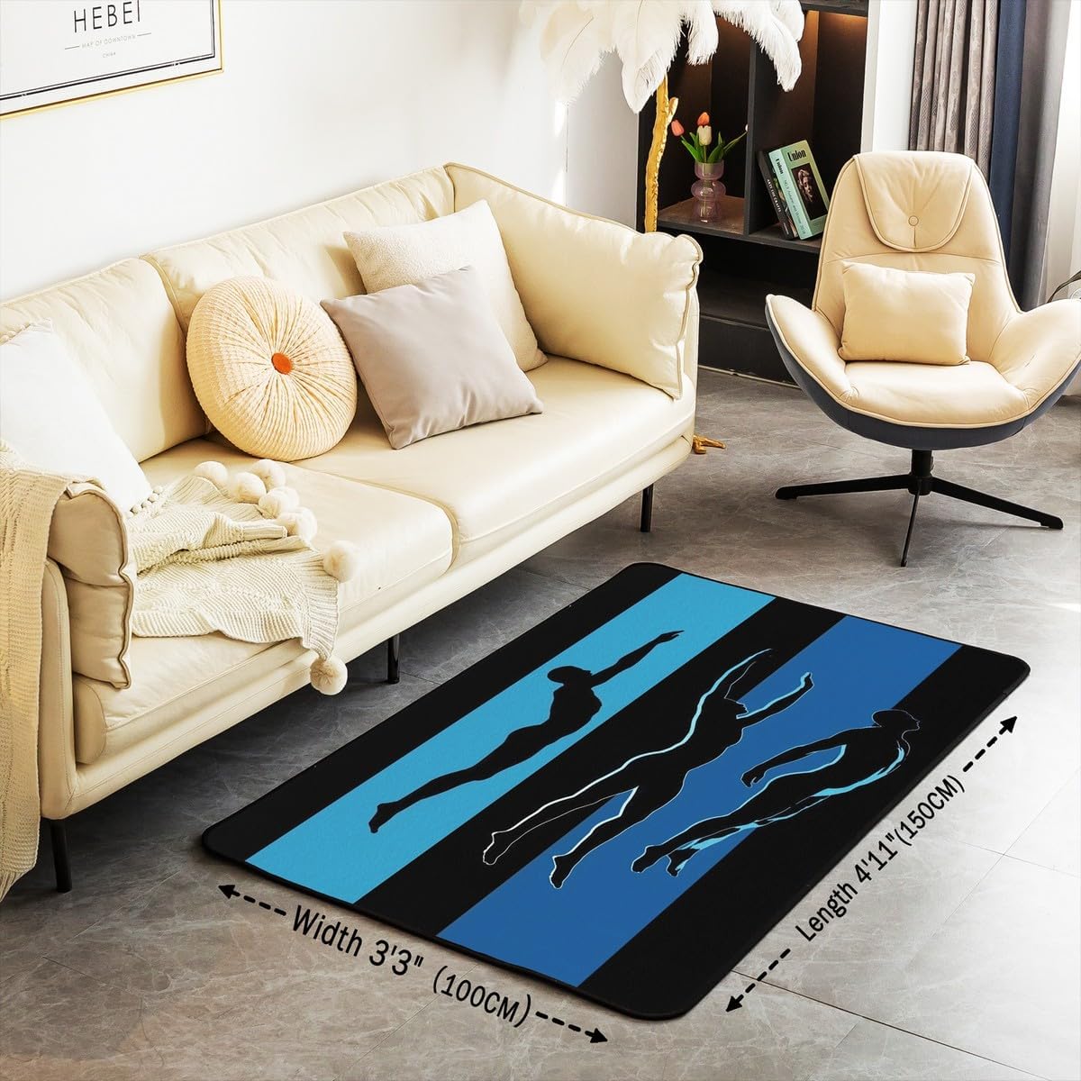 Erosebridal Black Blue Swimming Living Room Rugs 4'11" x 3'3",Non Shedding Living Room for Boys Kids Girls Teens Summer Holiday Cool Decorative Carpet Swim Sports Area Rug