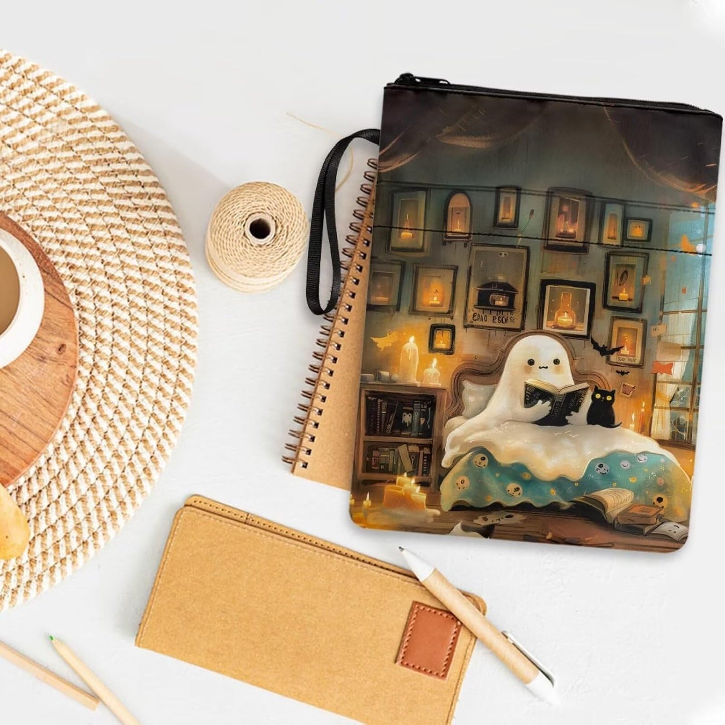 chaqlin Halloween Ghost Reading Pattern Book Sleeve with Zipper and Front Pocket, Book Covers for Paperback, 11.4 x 8.7 Inch, Bookish Gifts