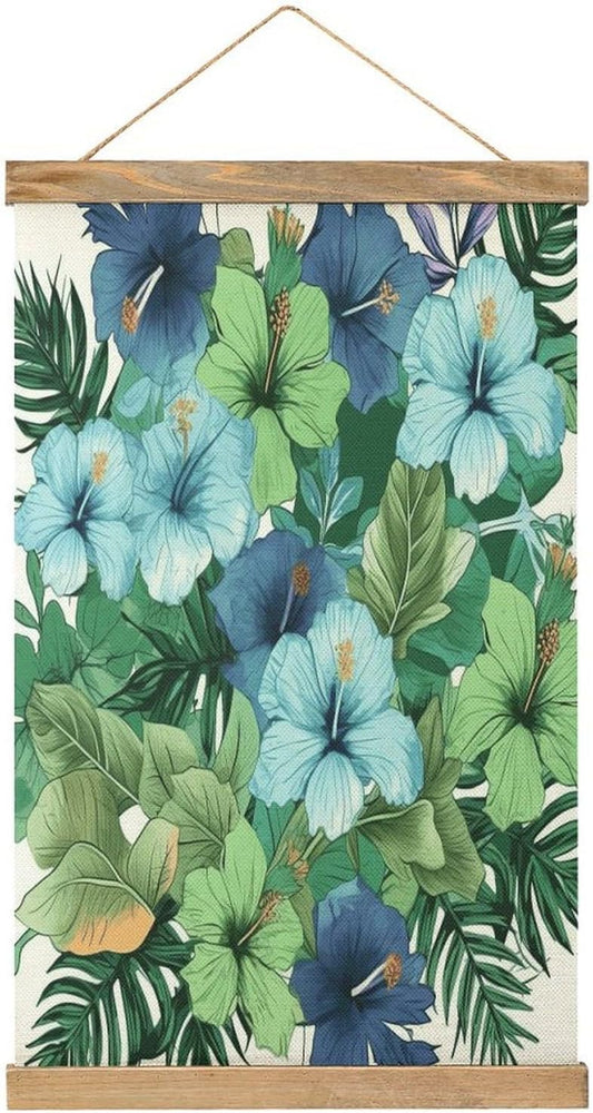 Vintage Green And Blue Hibiscus Flowers Poster with Wooden Frame Personalized Linen Hanging Scroll Painting Rustic Wall Hanging Illustrative Modern Artwork Decor for Home Living Room Bedroom Office