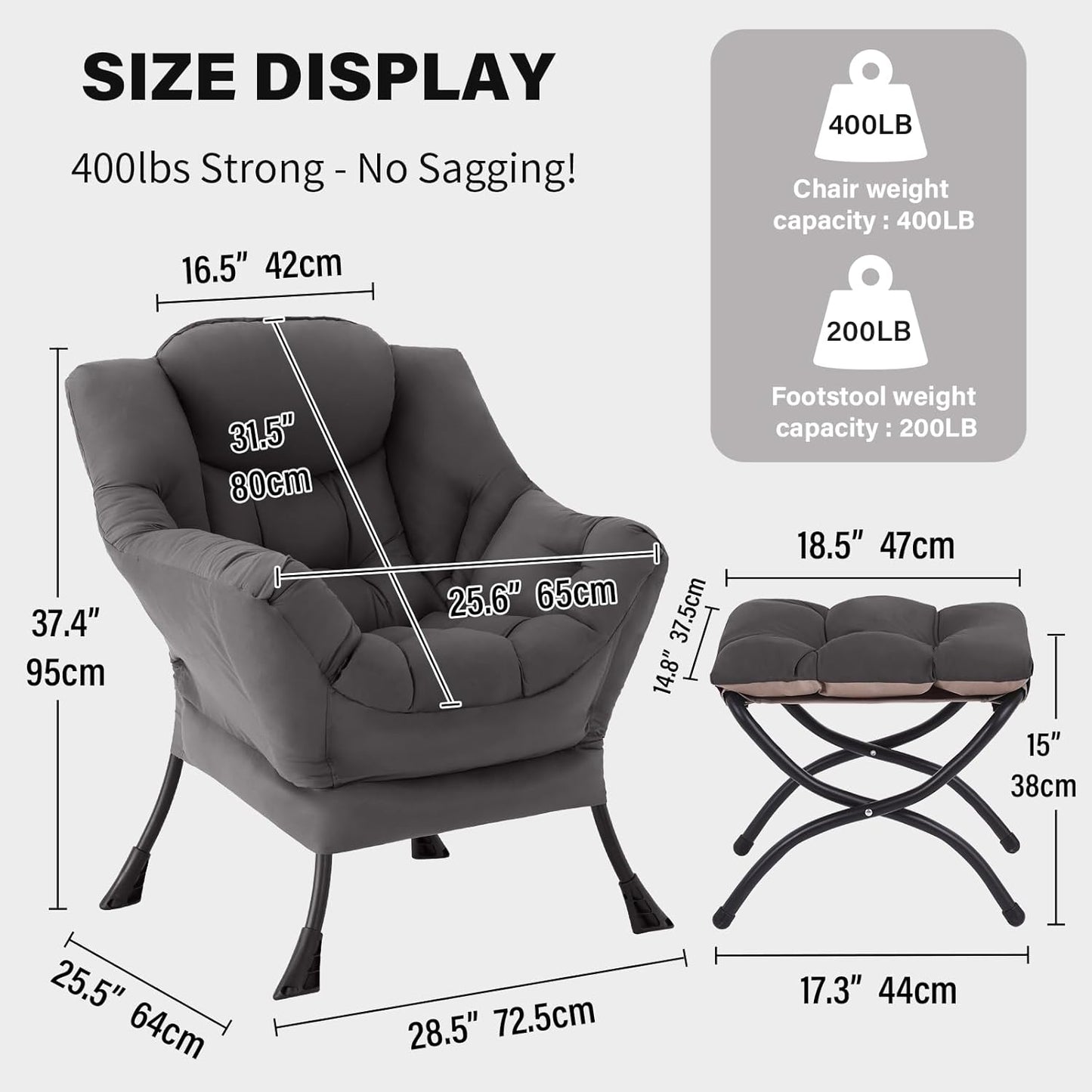 Tiita Lazy Chair with Ottoman, Gray Modern Large Accent Chair, Comfy Leisure Sofa Armchair with Ottoman, Reading Chair with Footrest for Bedroom, Living Room, Dorm Rooms, Garden Dark Grey