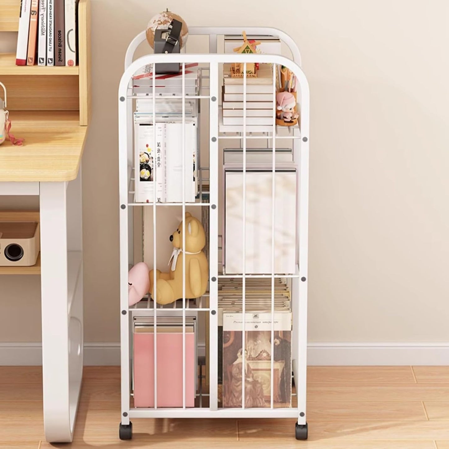 SEIFE Open Floor-to-Ceiling Invisible Bookshelf，Movable Creative Iron Storage Rack，Metal Tall Narrow Ladder Bookshelf,Tall Metal Bookcase Bookshelf with Wheels(White,124cm/48.8in)