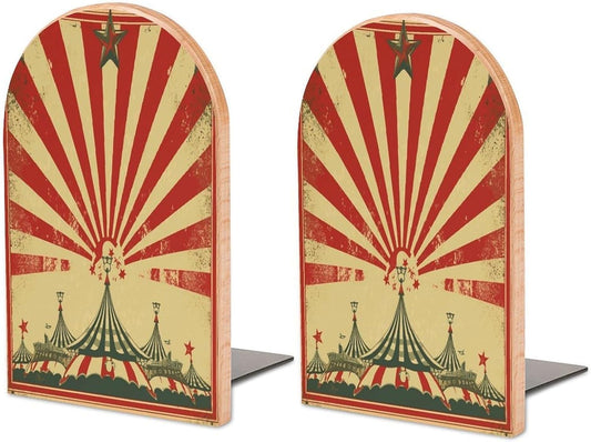 Vintage Circus Background Wooden Bookend Non-Slip Book Ends Heavy Duty Book Stopper with Metal Base Books Holderd Decorative Bookends Stands Firmly for Office Supplies