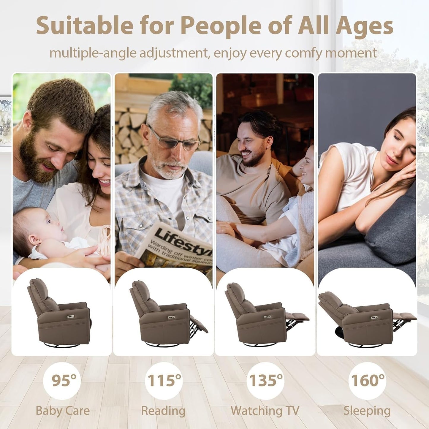 Power Swivel Rocker Recliner Chair with Charging Port, 270° Swivel Electric Recliner Chair, Comfortable Leather Reclining Chair, Brown Upholstered Power Recliner Sofa