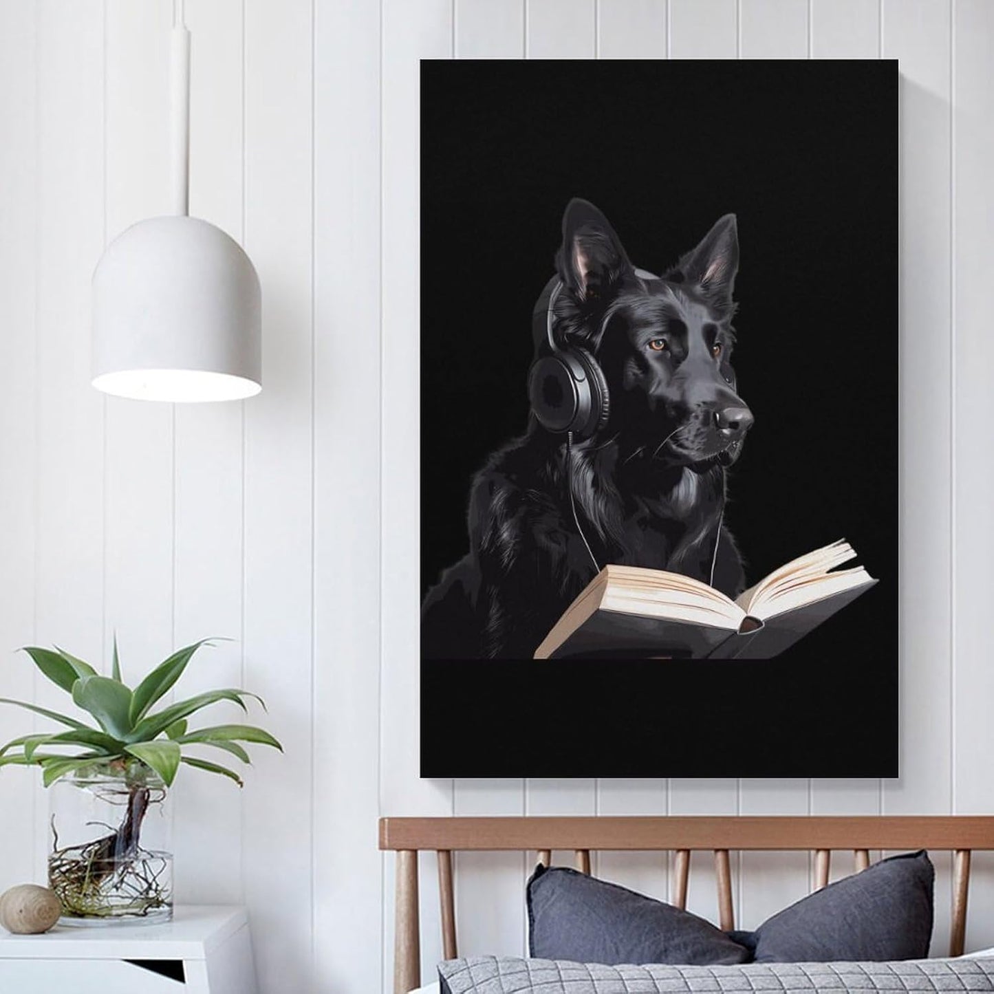 German Shepherd Wearing Headphones Reading Canvas Wall Art Print Artwork Picture Hanging Painting Modern Home Living Room Decor