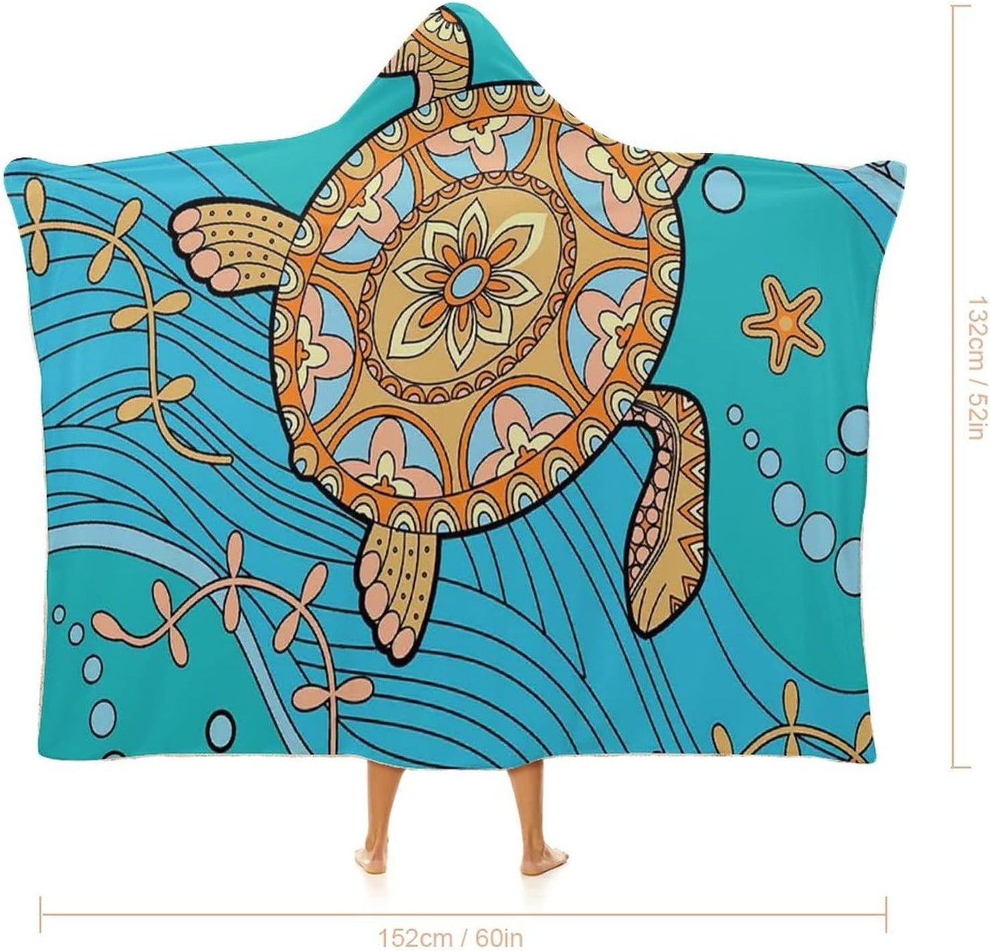 Throw Blankets, Turtle Women Men Hooded Blanket, Decorative Doodle of Sea Turtle on Water Surface, Soft Warm Cozy, 60 x 80inches, Studying Reading Snuggling Napping Office