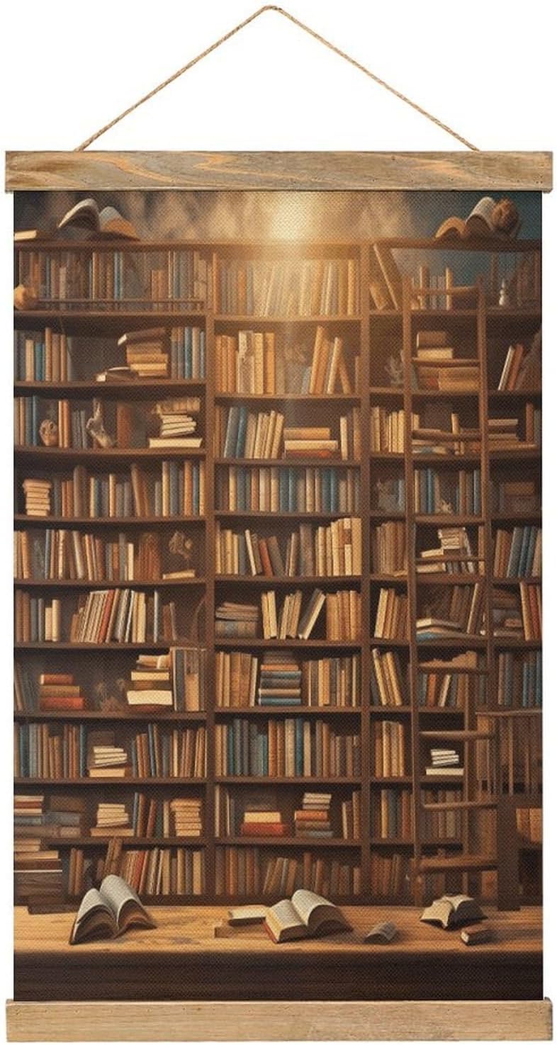 Vintage Books-png Poster with Wooden Frame Personalized Linen Hanging Scroll Painting Rustic Wall Hanging Illustrative Modern Artwork Decor for Home Living Room Bedroom Office