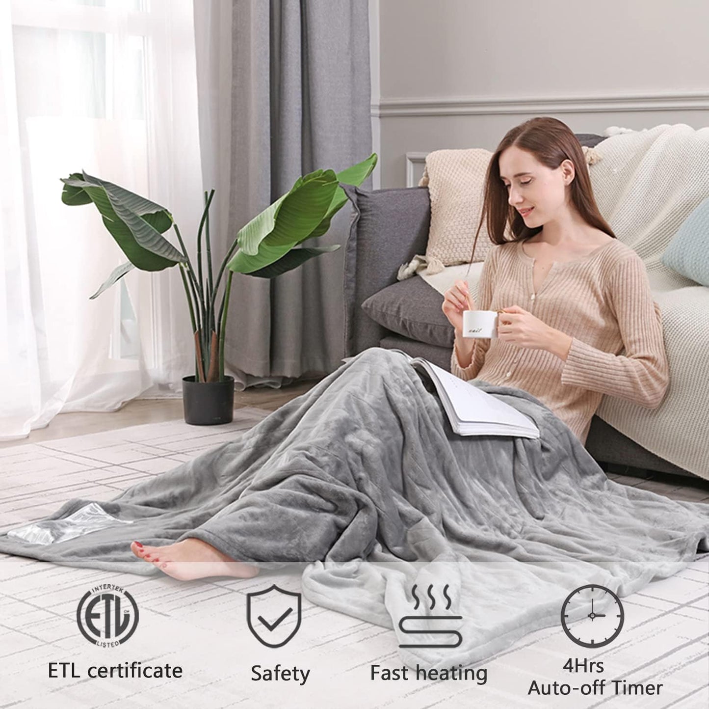 Dowin Electric Blanket Throw,Flannel & Sherpa Reversible Fast Heating 50" x 60" Heated Blanket, ETL Certification with 3 Heating Levels & 4 Hours Auto Off Machine Washable Home Office Use, Grey