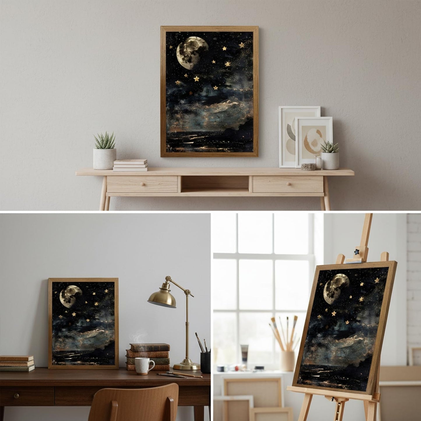 Dark Academia Celestial Canvas Wall Art Vintage Moon and Stars Wall Decor Moody Star Landscape Painting Artwork for Bedroom Living Room 8x10 Inch Wood Framed