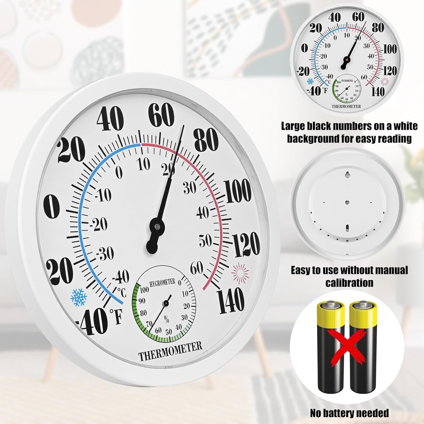 10 Inch Indoor Outdoor Thermometer Hygrometer Combo, Large Dial Analog Temperature Humidity Gauge, Wall Mount Weather Thermometer for Home Patio Greenhouse Garage Room