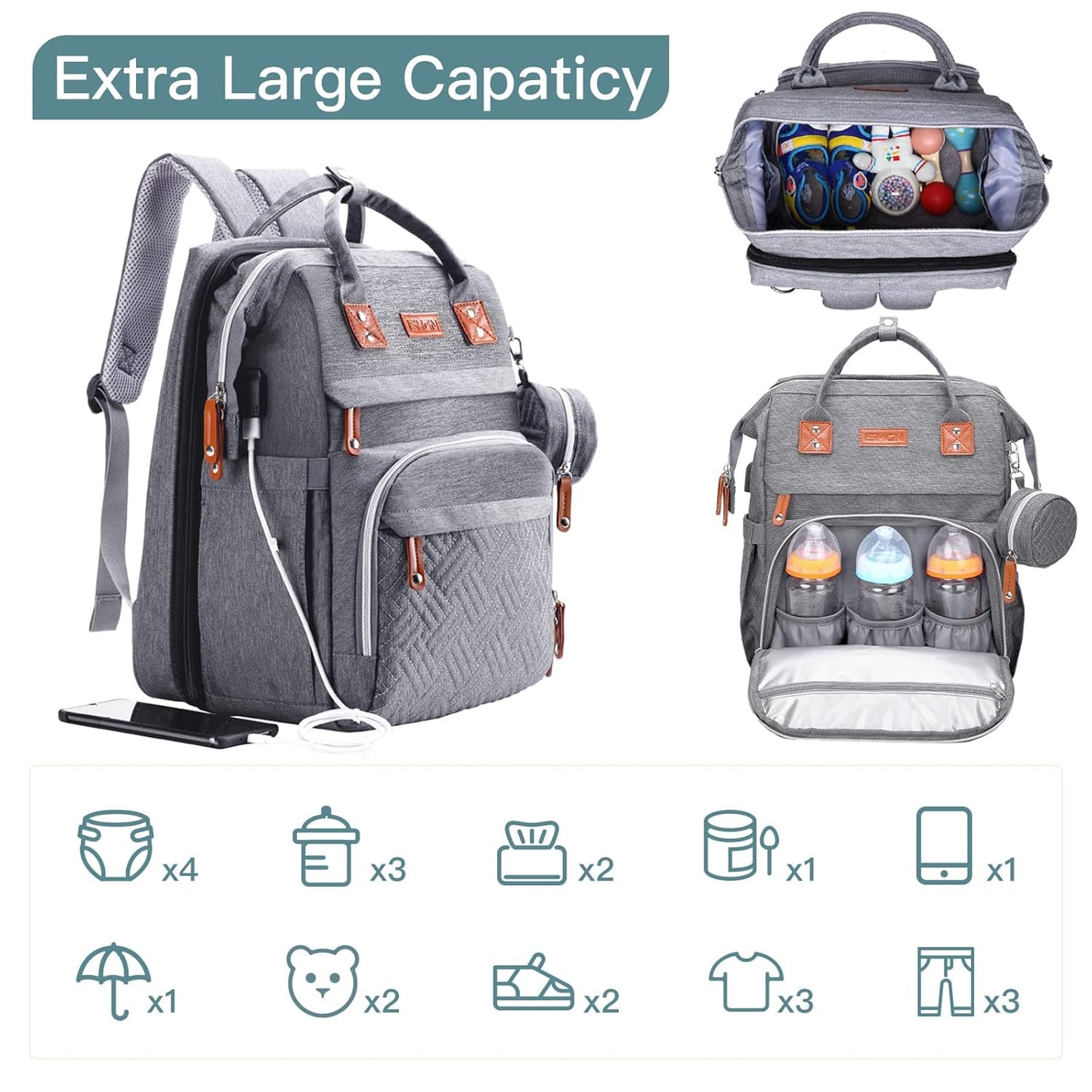 Diaper Bag Backpack with Changing Station, Large Diaper Bag, Baby Bag, Multifunctional Diaper Bag, Gray