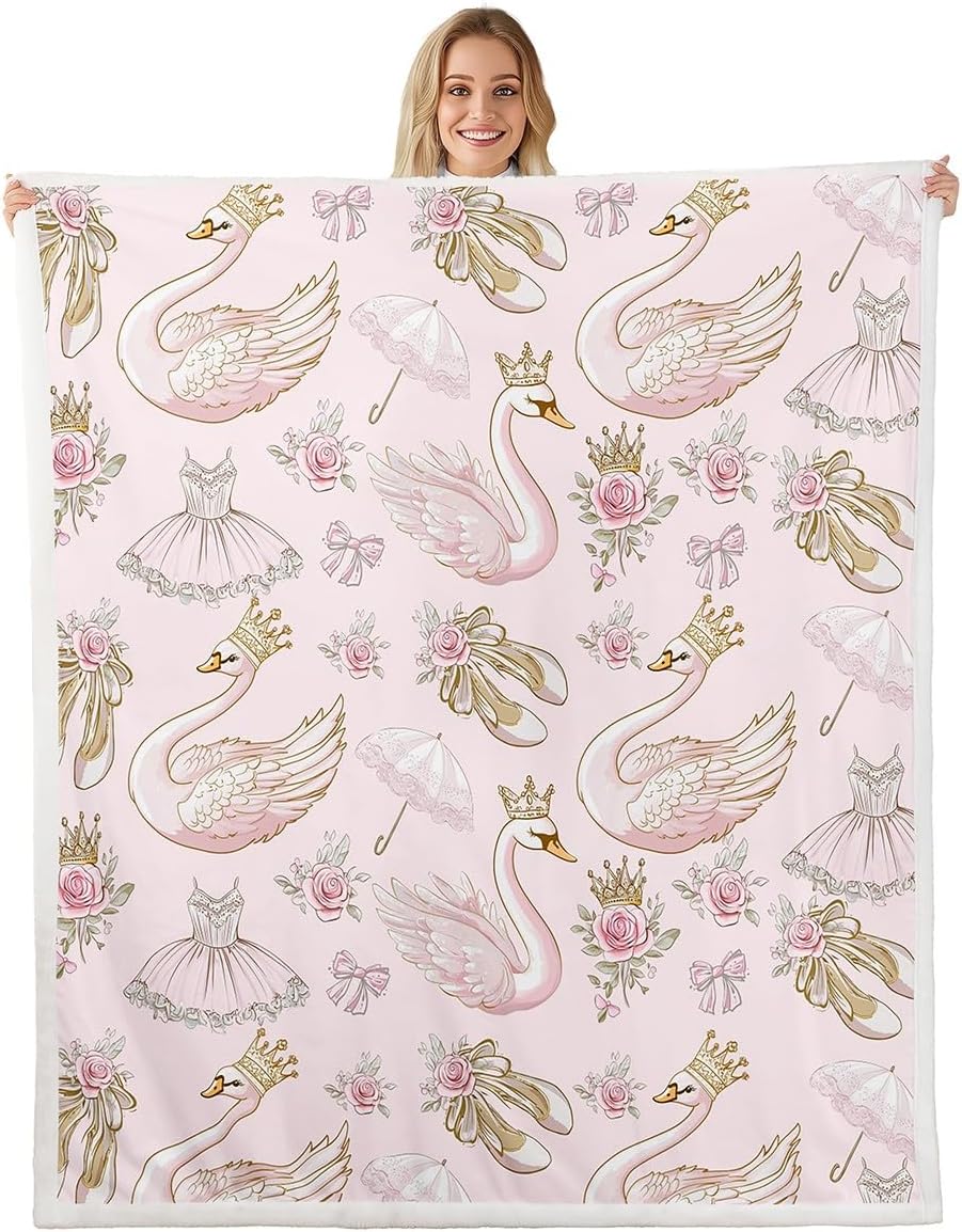 Manfei White Swan Flannel Blanket Swan Lake Ballet Dance Theme Pink Fleece Throw Blanket for Room Decor,Princess Crown Bowknot Romantic Roses Flowers Bed Blanket for Bed Sofa Couch,Baby 30"x40"