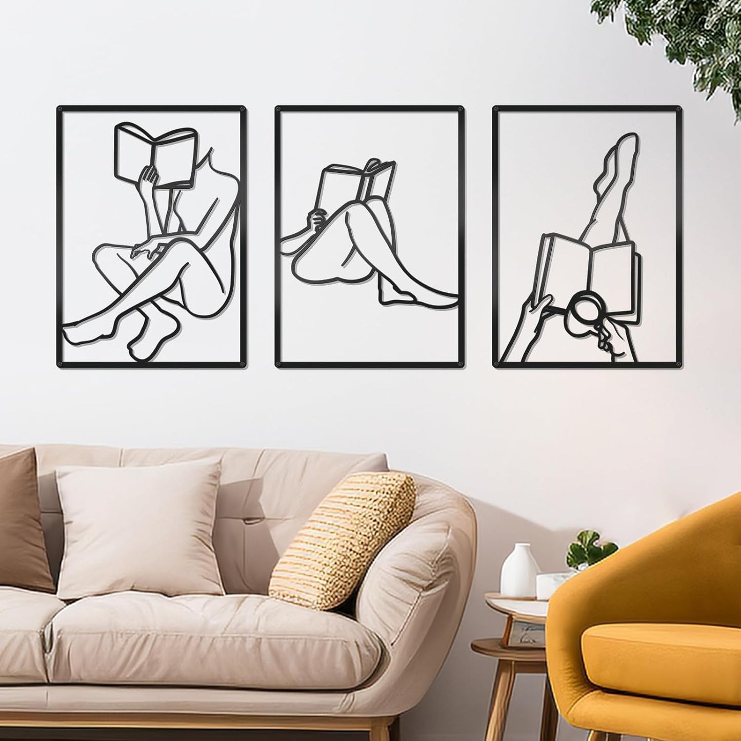 Zzbakress 3 Pcs Female Book Wall Art Black Metal Wall Decor Large Reading Room Decor Minimalist Line Wall Art Black Abstract Wall Art for Reading Room Living Room Bedroom (Elegant)