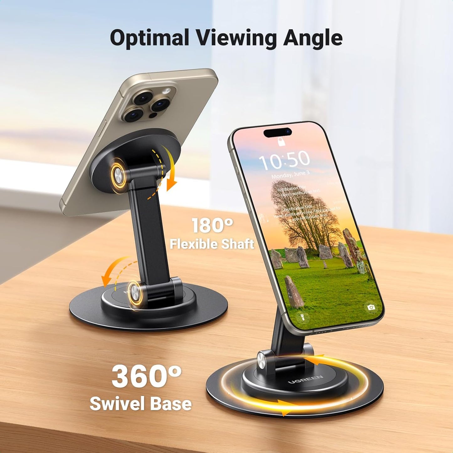 UGREEN Magnetic Phone Stand for MagSafe, Height Adjustable iPhone Stand for Desk with 360° Rotation Compatible for iPhone 17 Air 16 Pro 15 Pro Max 14 Plus 13 12 and MagSafe Case, Black