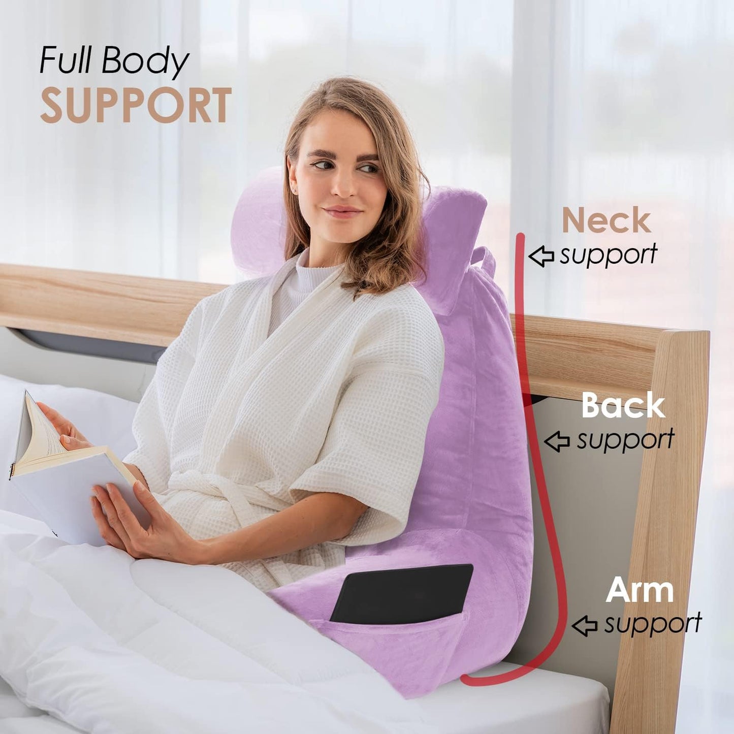 Nestl Reading Pillow with Portable Laptop Lap Desk - Shredded Memory Foam Back Support Pillow for Sitting Up in Bed and Couch Rest Pillows with Arms, Bed Tray Table with Foldable Legs, Lavender
