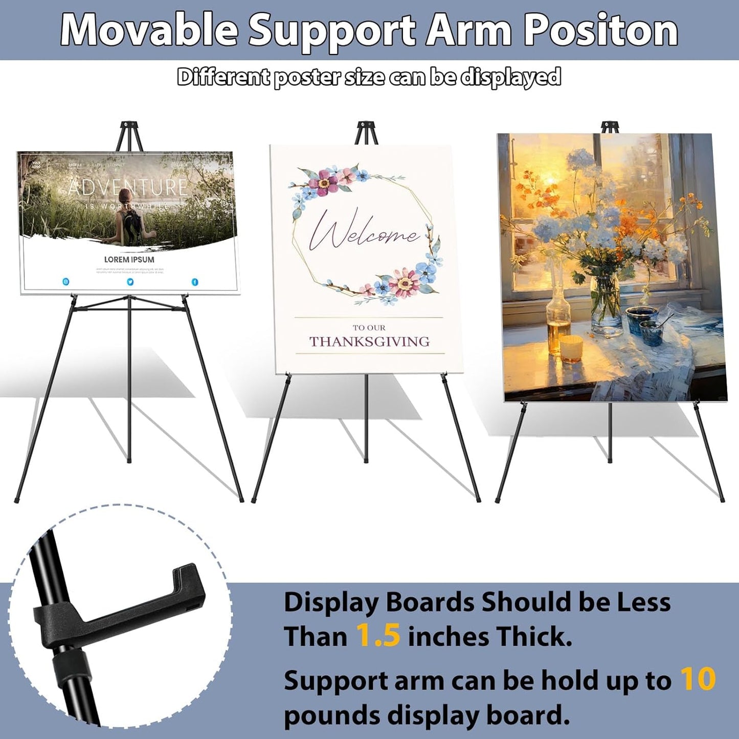Easel Stand for Sign Picture Stands for Display, Photo Stand Floor Standing Tripod Black Easel with Support Rods, Welcome Board Stand for Wedding, Poster