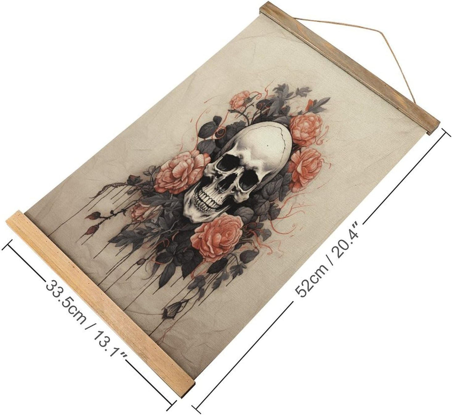 Vintage Ancient Skull And Flowers Poster with Wooden Frame Personalized Linen Hanging Scroll Painting Rustic Wall Hanging Illustrative Modern Artwork Decor for Home Living Room Bedroom Office