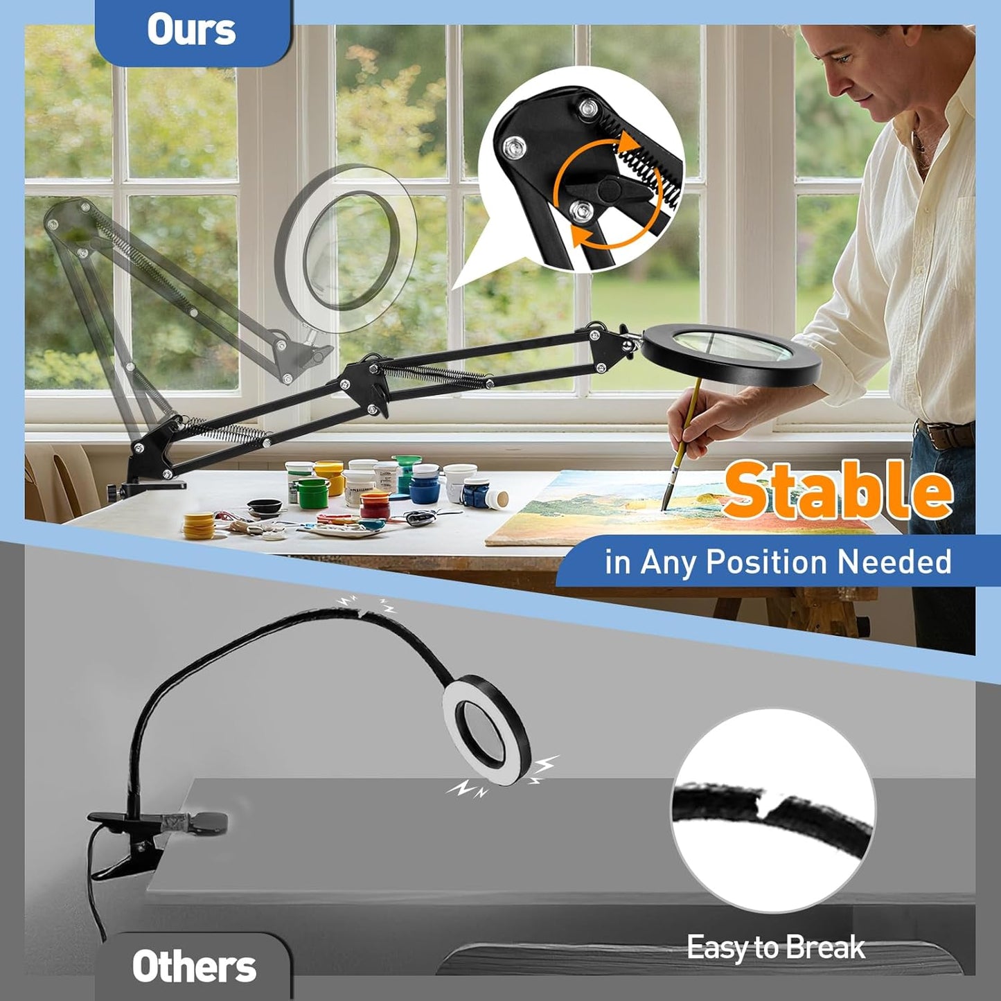 HITTI 10X Magnifying Glass with Light, 1,800 Lumens Stepless Dimmable, 3 Color Modes, 4.2″ Real Glass Lens LED Desk Lamp & Clamp, Magnifier Light and Stand for Crafts, Soldering, Fly Tying, Close Work