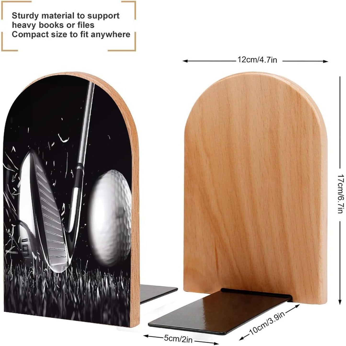 Black and White Golf Wooden Bookend Non-Slip Book Ends Heavy Duty Book Stopper with Metal Base Books Holderd Decorative Bookends Stands Firmly for Office Supplies