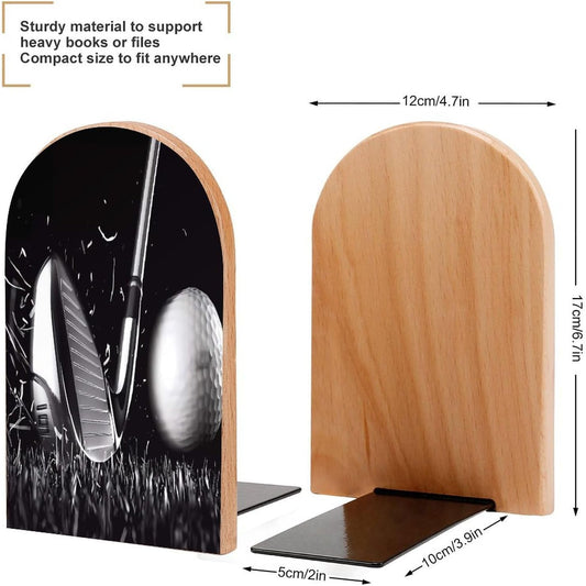 Black and White Golf Wooden Bookend Non-Slip Book Ends Heavy Duty Book Stopper with Metal Base Books Holderd Decorative Bookends Stands Firmly for Office Supplies