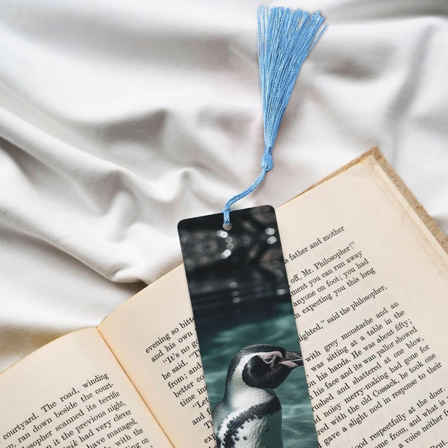 Penguin in Water Bookmarks Gifts for Women Men, Wooden Bookmarks for Book Lovers, Vintage Book Marks Ornaments with Tassel, Unique Personalized Reading Page Markers Sky Blue