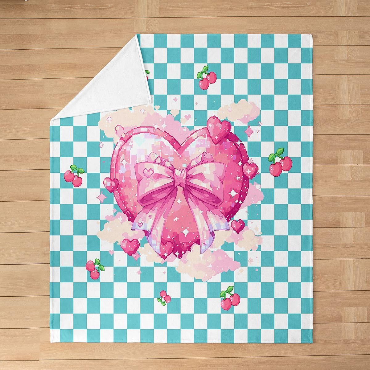 Castle Fairy Bowknot Love Kids Flannel Blanket,Checkered Cherries Pattern Bed Blanket,Kawaii Pastel Aesthetic Girls Boys Sofa Decor,Pink Green Fuzzy Blanket,Baby Size (30 x 39 Inches)