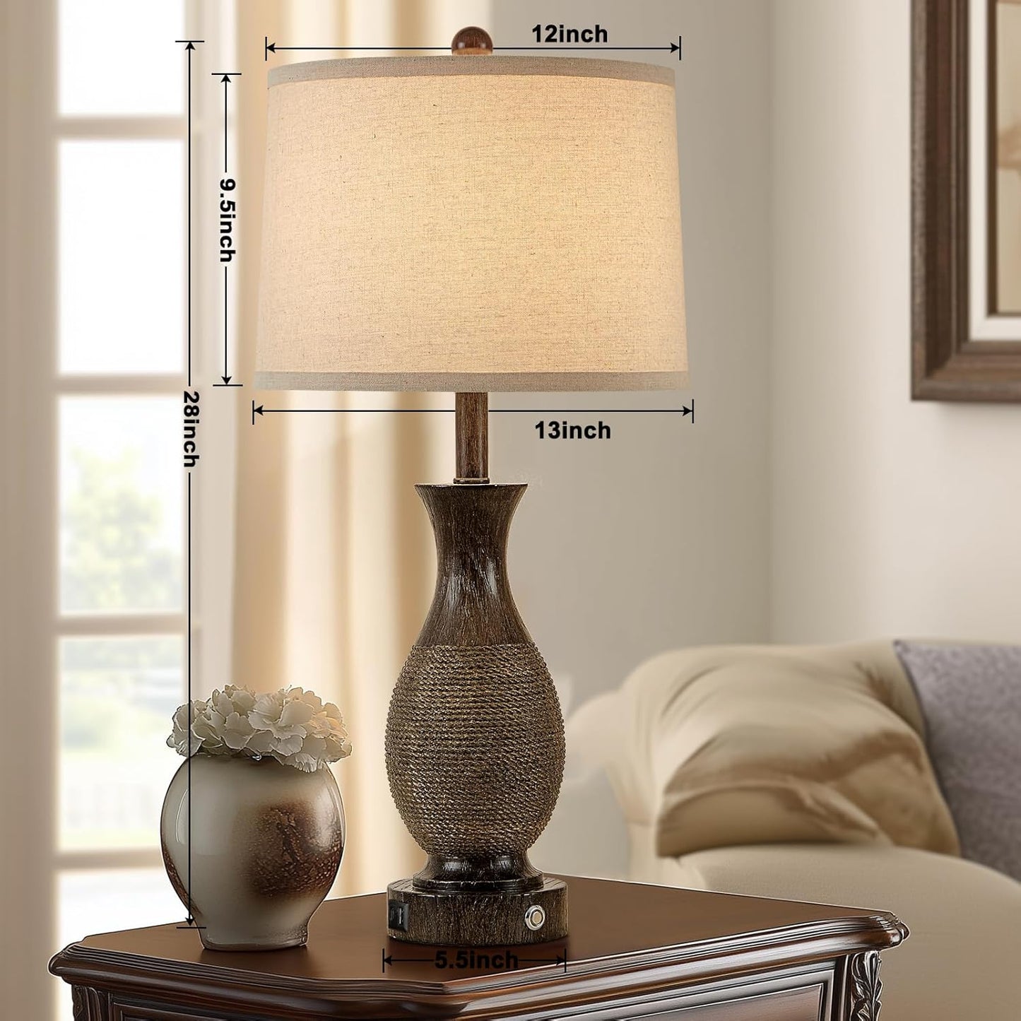 28" Rustic Farmhouse Lamps for Living Room Set of 2 Bedside Table Lamps for Bedroom Nightstand with USB A+C Charging Ports, 3-Way Dimmable Touch Lamp, Brown, Linen Lampshade, LED Bulbs Included