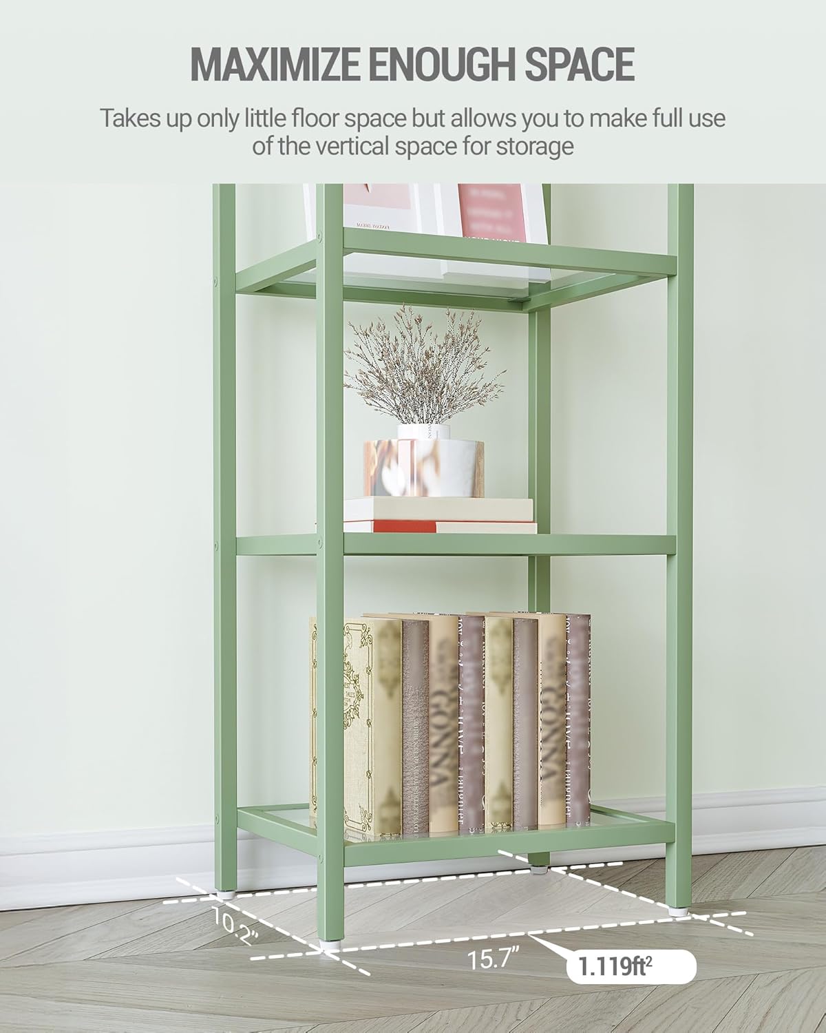 Bookcase Bookshelf, Tempered Glass Bookshelves, Slim Shelving Unit for Bedroom, Bathroom, Home Office, Steel Frame, 5 Tier Green BC05099C