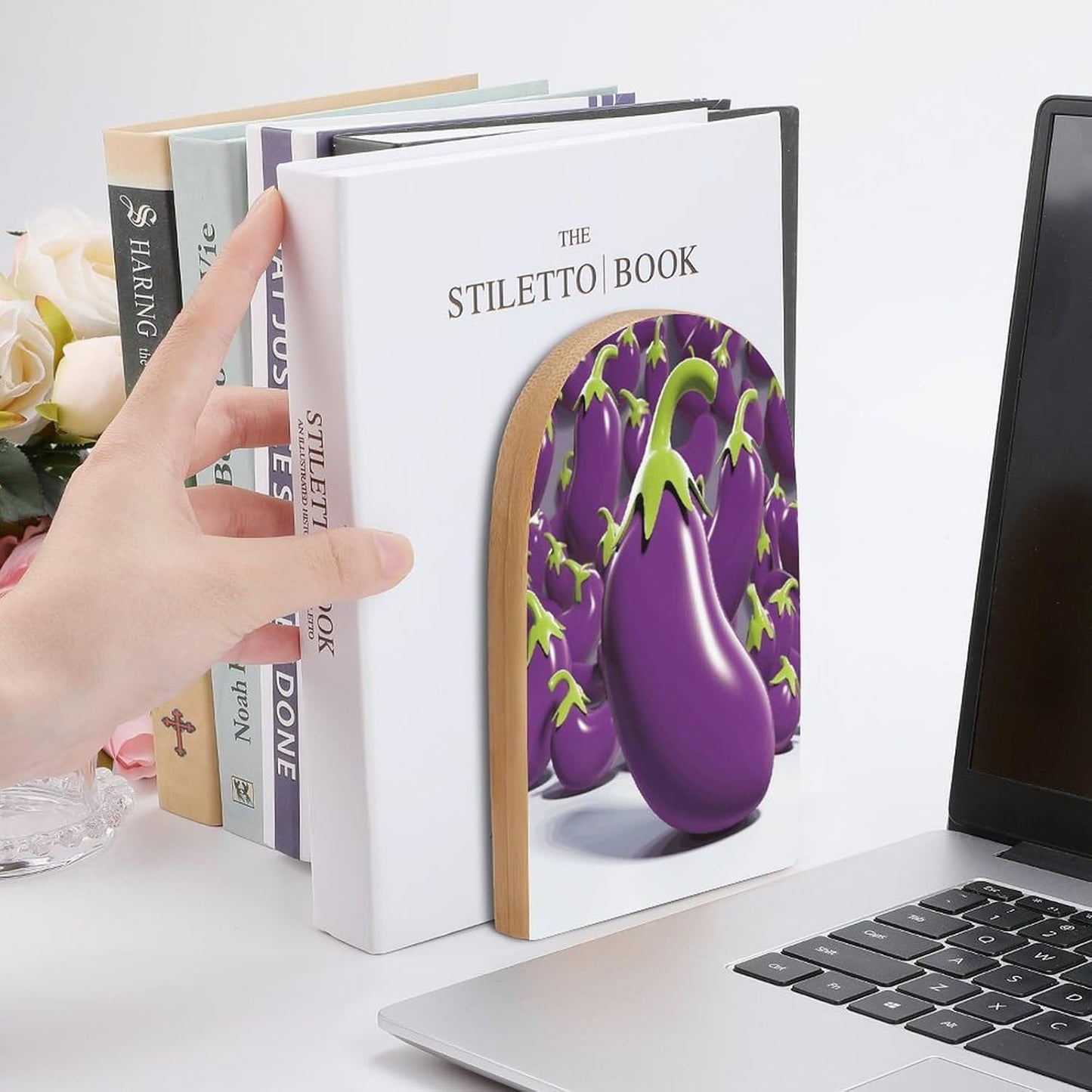 Cartoon Eggplant Bookend for Shelves Wooden Book End Large Size Sturdy Book Holders Stoppers with Metal Base for Bookshelves Slick Decorative Bookends Stands
