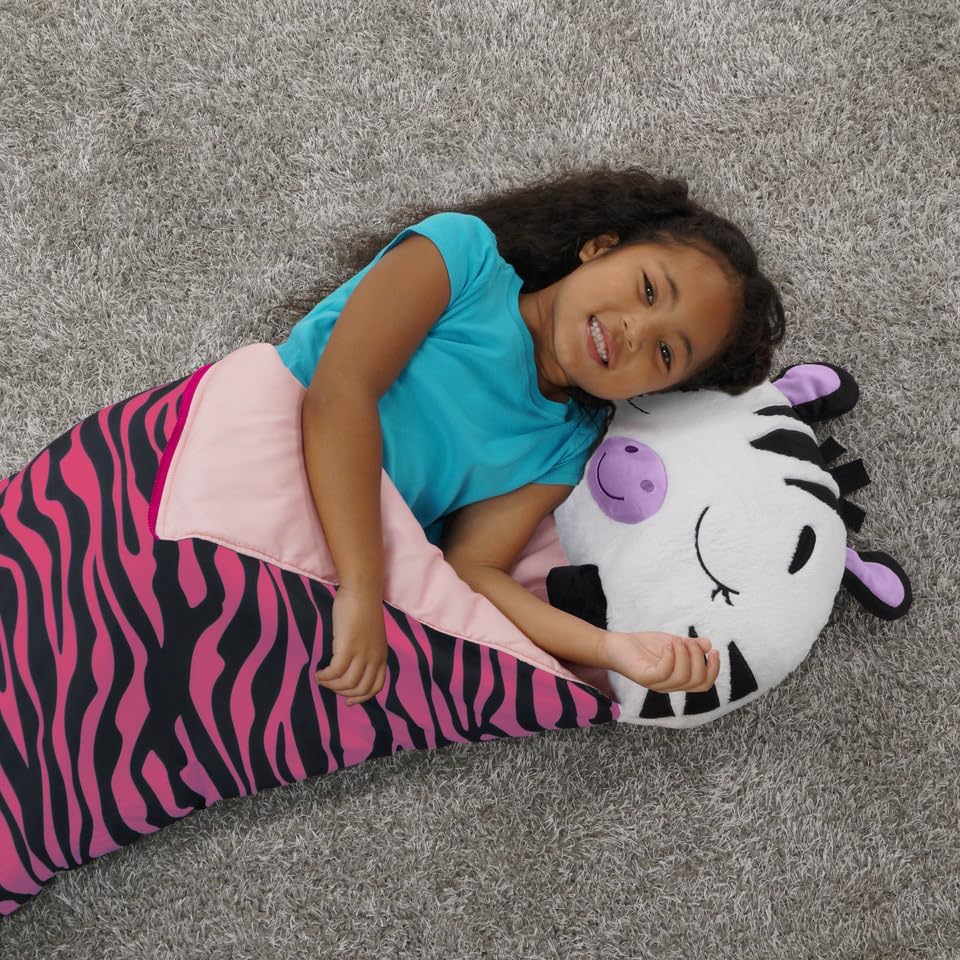 Happy Nappers Pillow & Sleepy Sack Zinnia Zebra- Comfy, Cozy, Compact, Super Soft, Warm, All Season, Sleeping Bag with Pillow- Medium 54” x 20”