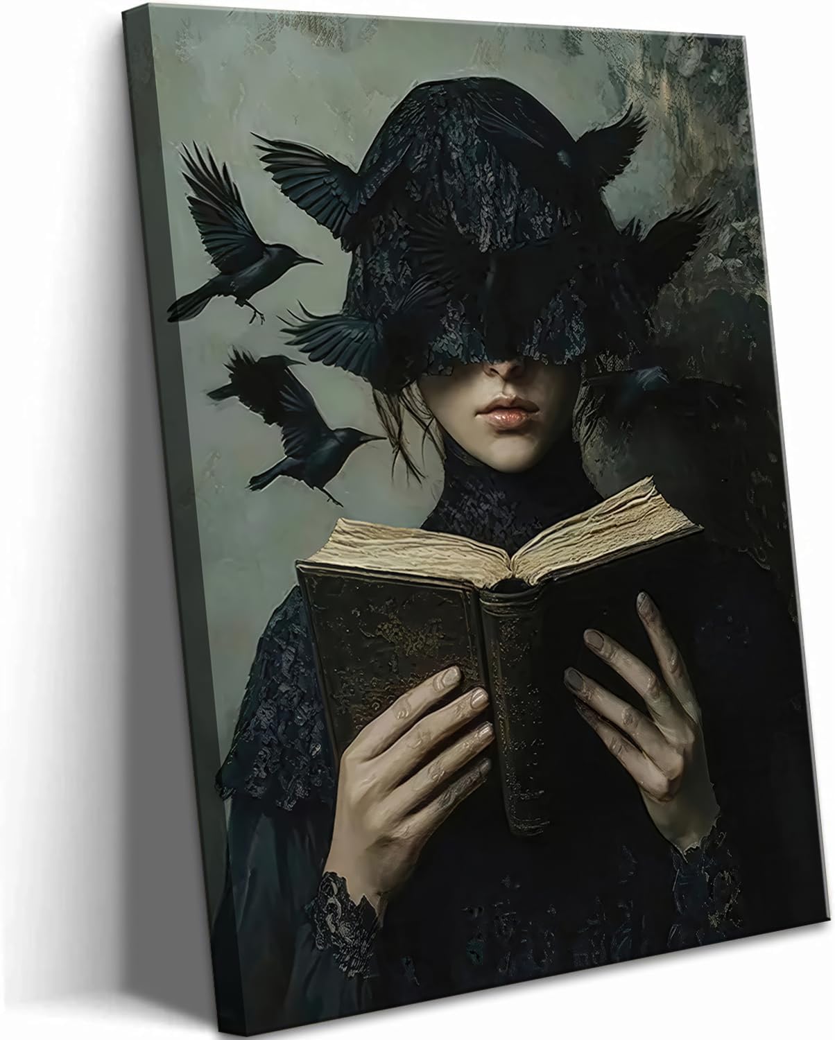 Dark Academia Canvas Wall Art Gothic Victorian Woman Reading Book Wall Decor Picture Moody Dark Crow Aesthetic Poster Print for Gallery Living Room Bedroom Home Decoration 12x16in